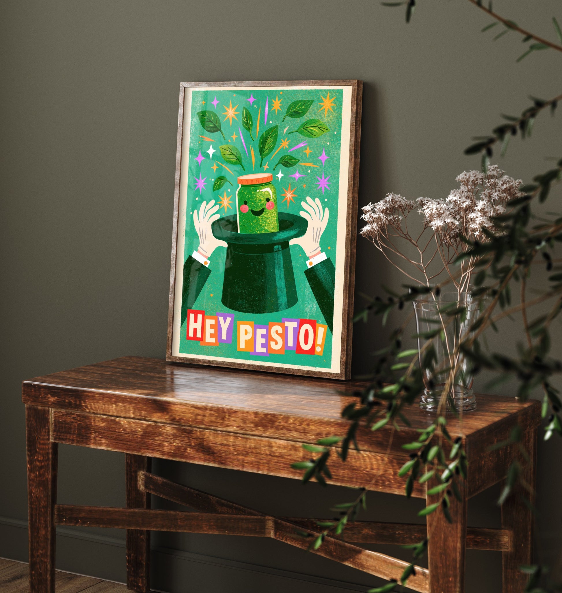 Hey Pesto Kitchen Print - Smiling Pesto Jar in a Top Hat Poster - Vintage Magic Show Illustration V2
