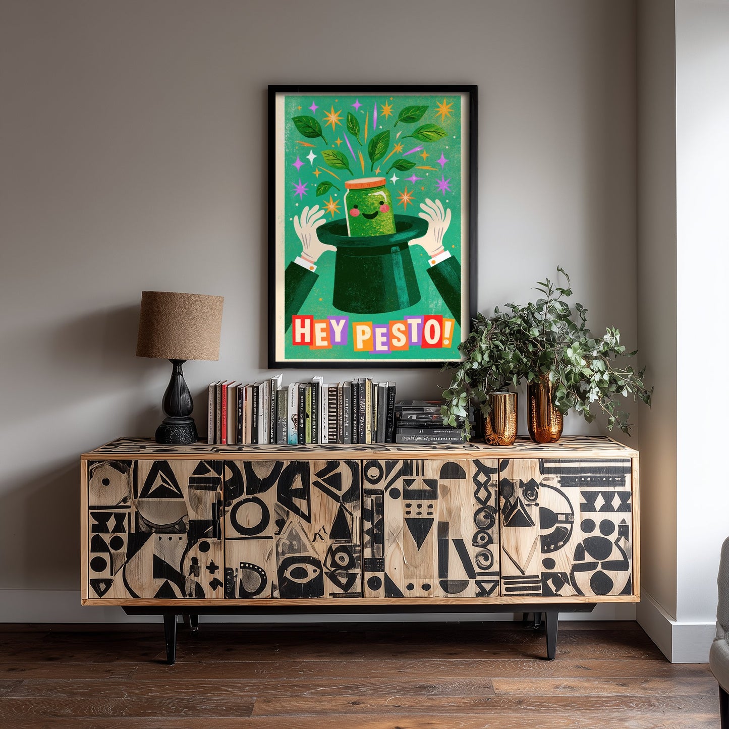 Hey Pesto Kitchen Print - Smiling Pesto Jar in a Top Hat Poster - Vintage Magic Show Illustration V2