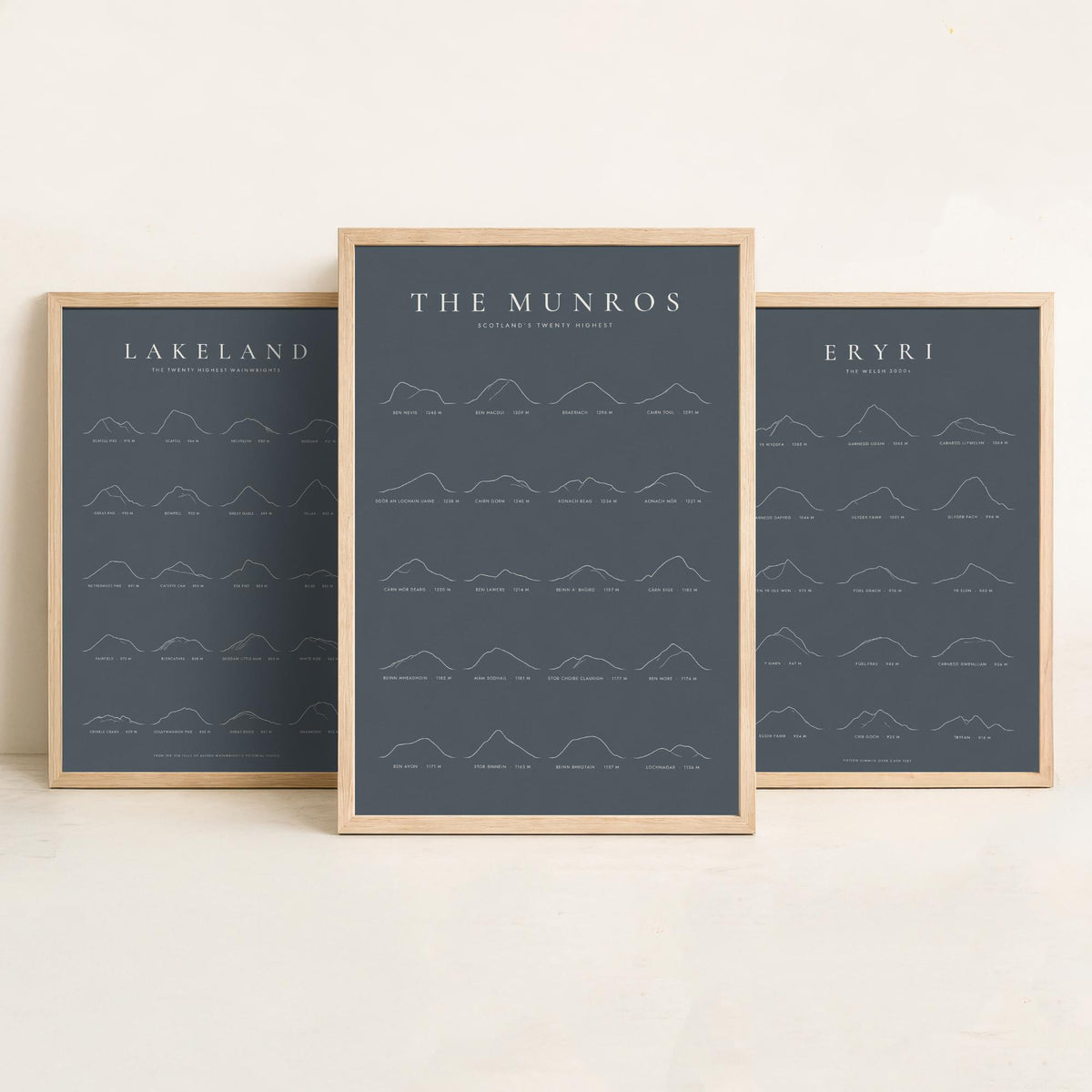 Highest Peaks of Lakeland, Eryri and The Munros Set of Three Art Prints - Ridgemark Classic Slate Mountain Poster - Line Illustration