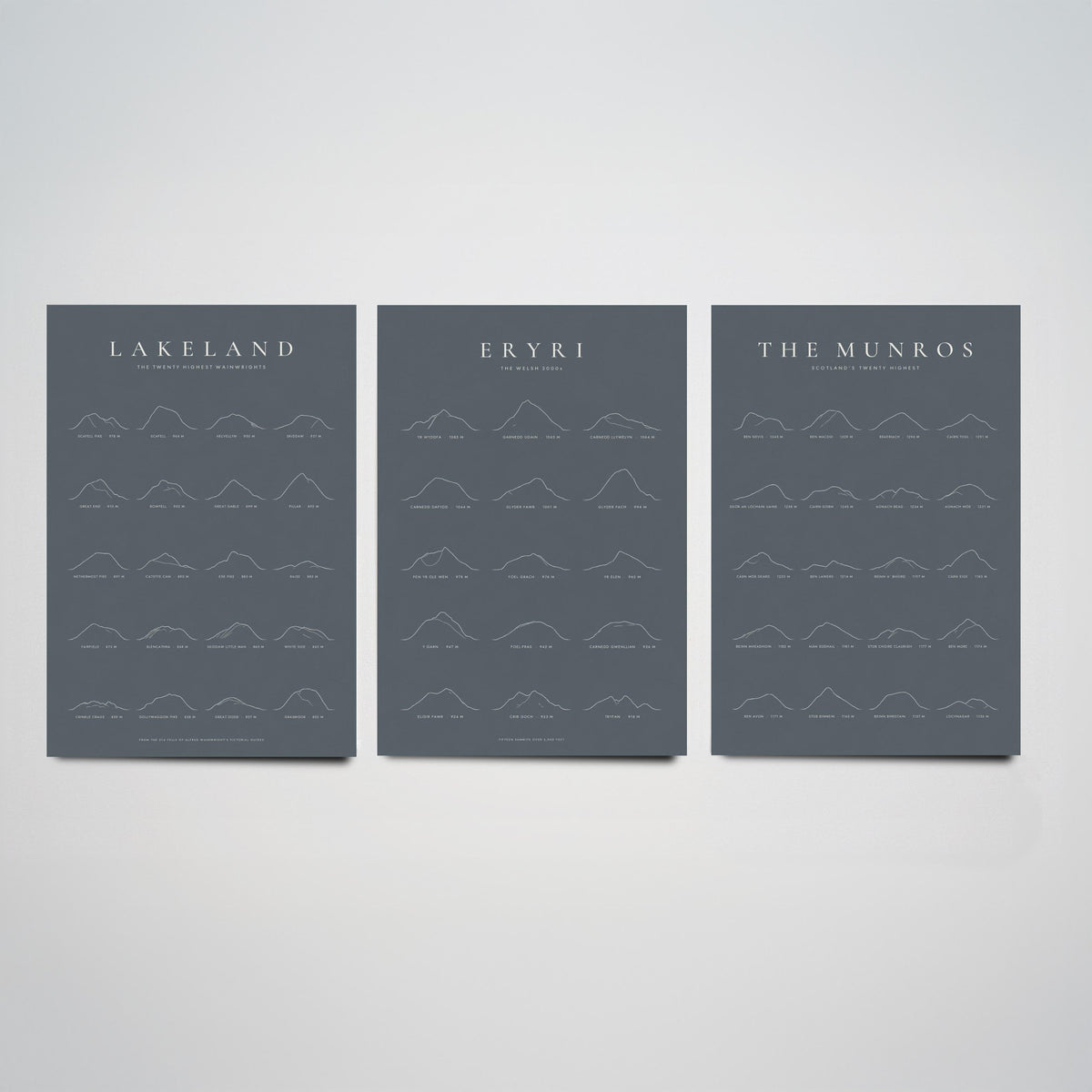 Highest Peaks of Lakeland, Eryri and The Munros Set of Three Art Prints - Ridgemark Classic Slate Mountain Poster - Line Illustration
