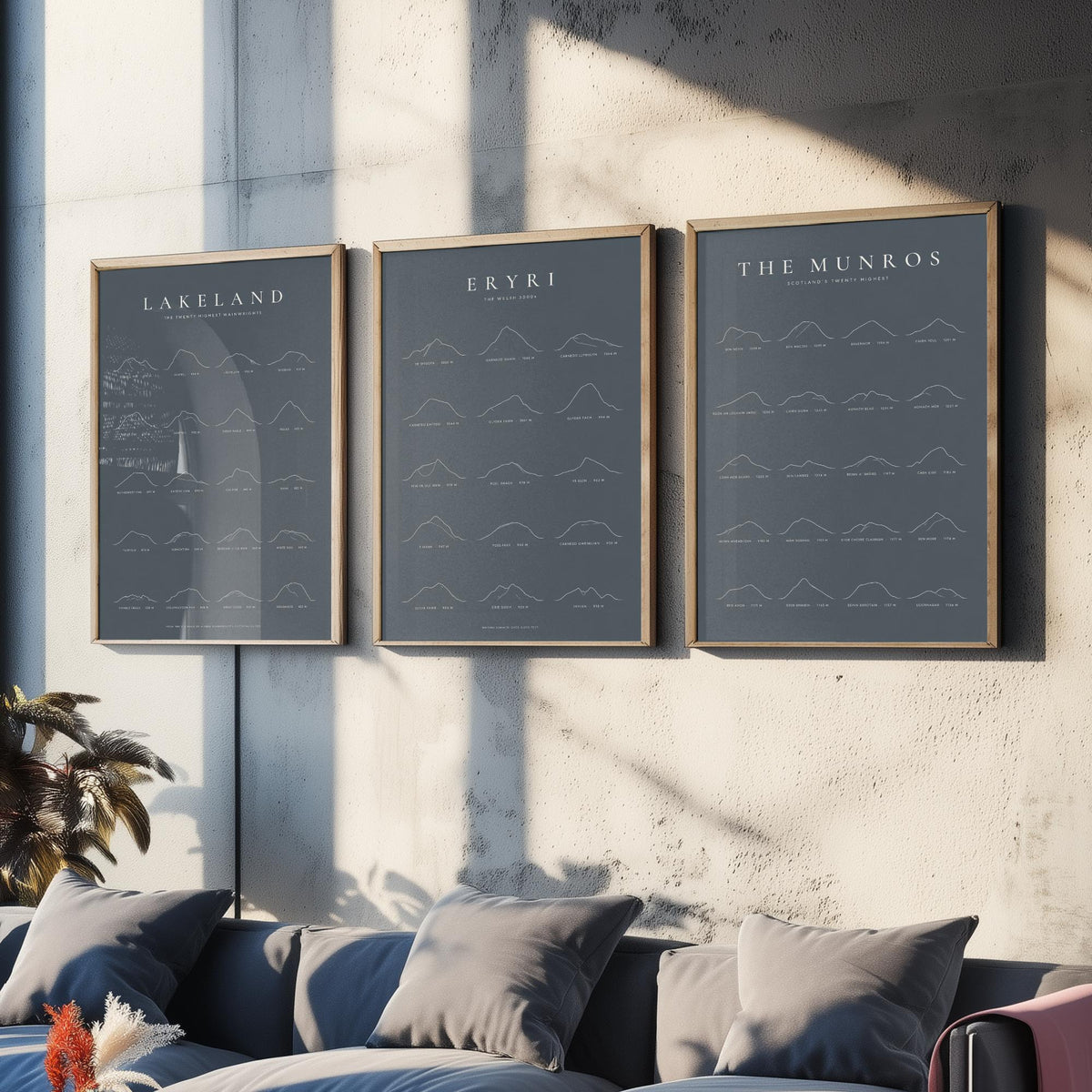 Highest Peaks of Lakeland, Eryri and The Munros Set of Three Art Prints - Ridgemark Classic Slate Mountain Poster - Line Illustration