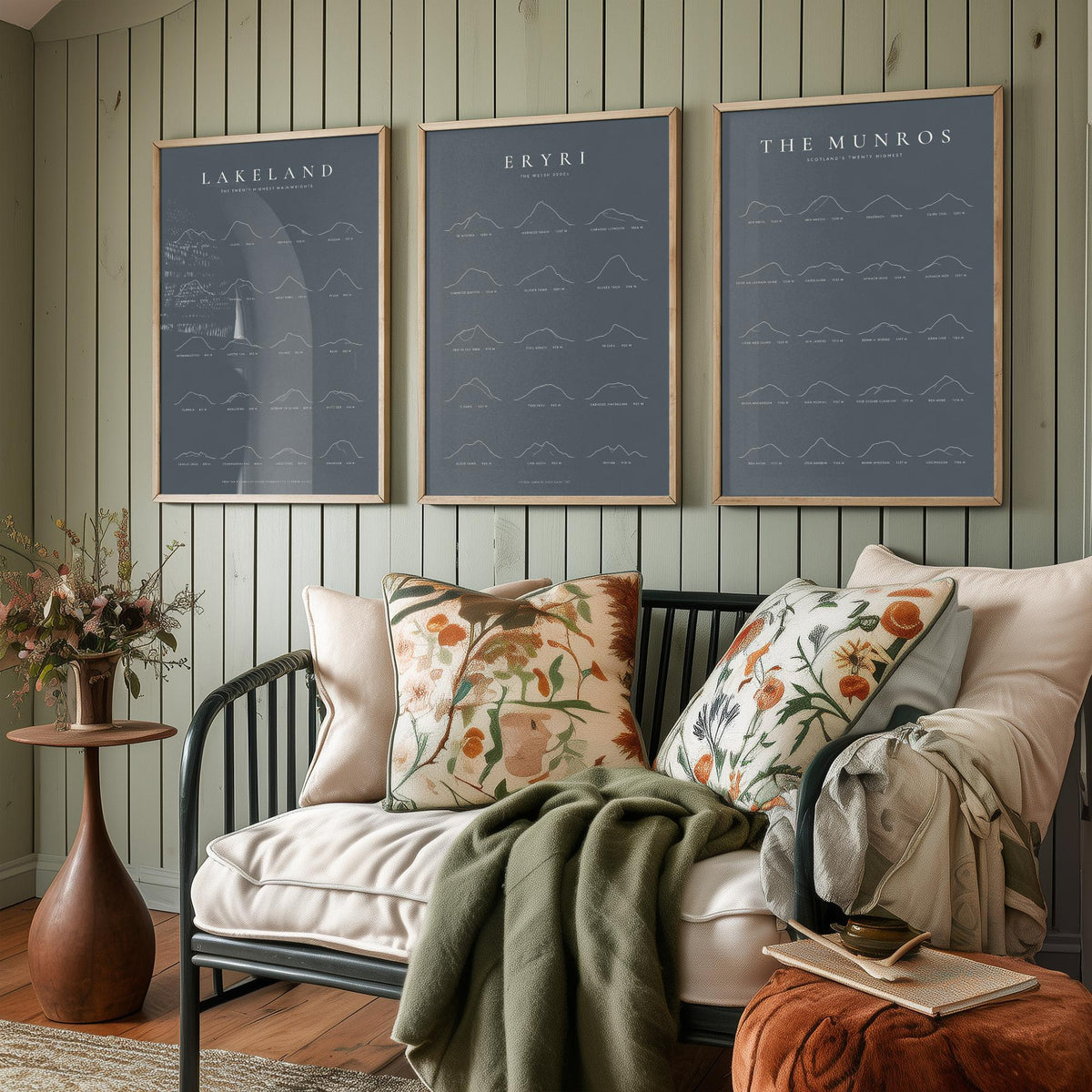 Highest Peaks of Lakeland, Eryri and The Munros Set of Three Art Prints - Ridgemark Classic Slate Mountain Poster - Line Illustration
