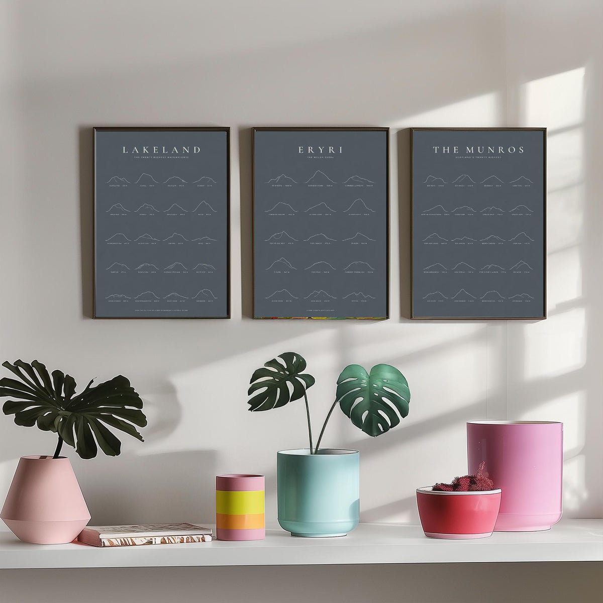 Highest Peaks of Lakeland, Eryri and The Munros Set of Three Art Prints - Ridgemark Classic Slate Mountain Poster - Line Illustration