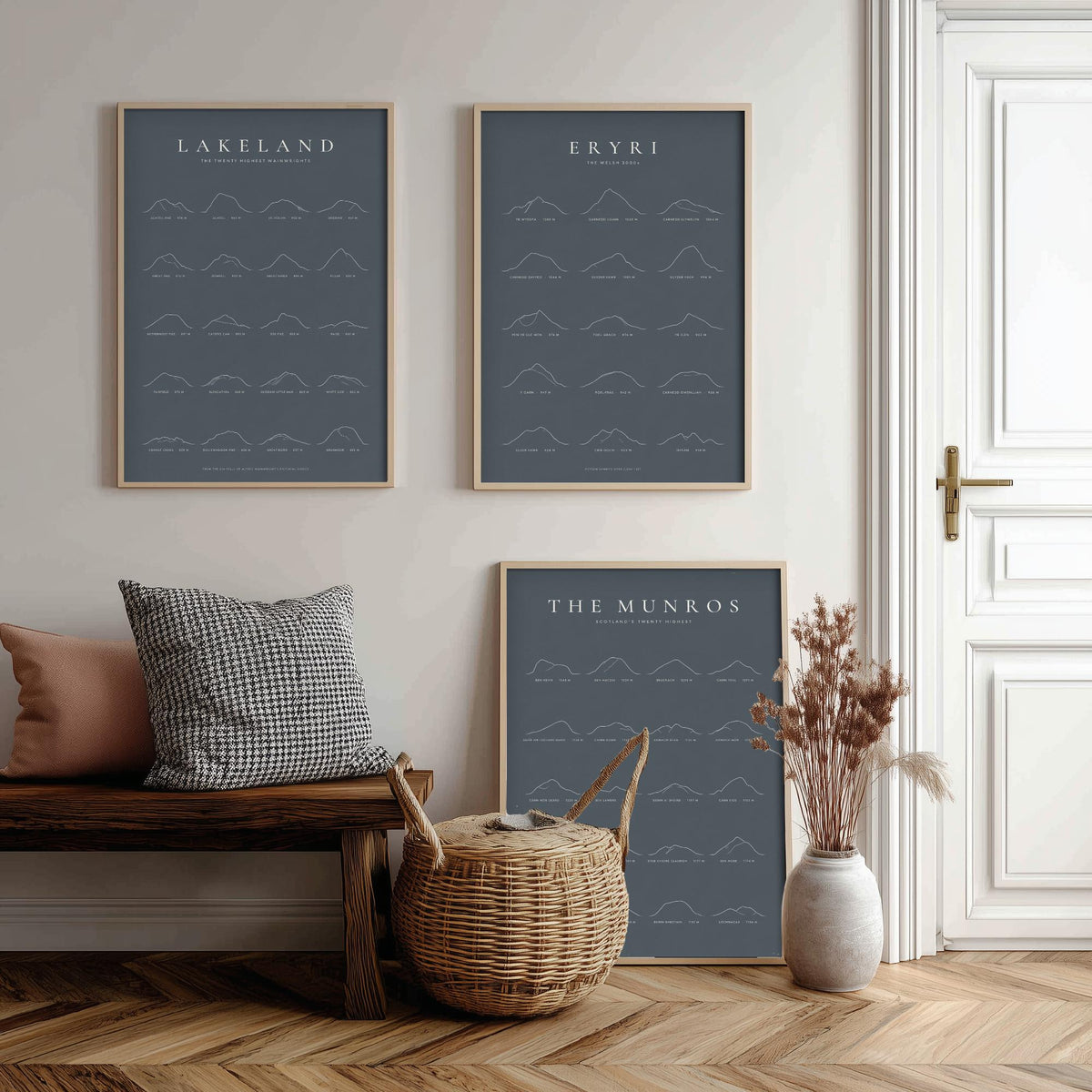 Highest Peaks of Lakeland, Eryri and The Munros Set of Three Art Prints - Ridgemark Classic Slate Mountain Poster - Line Illustration