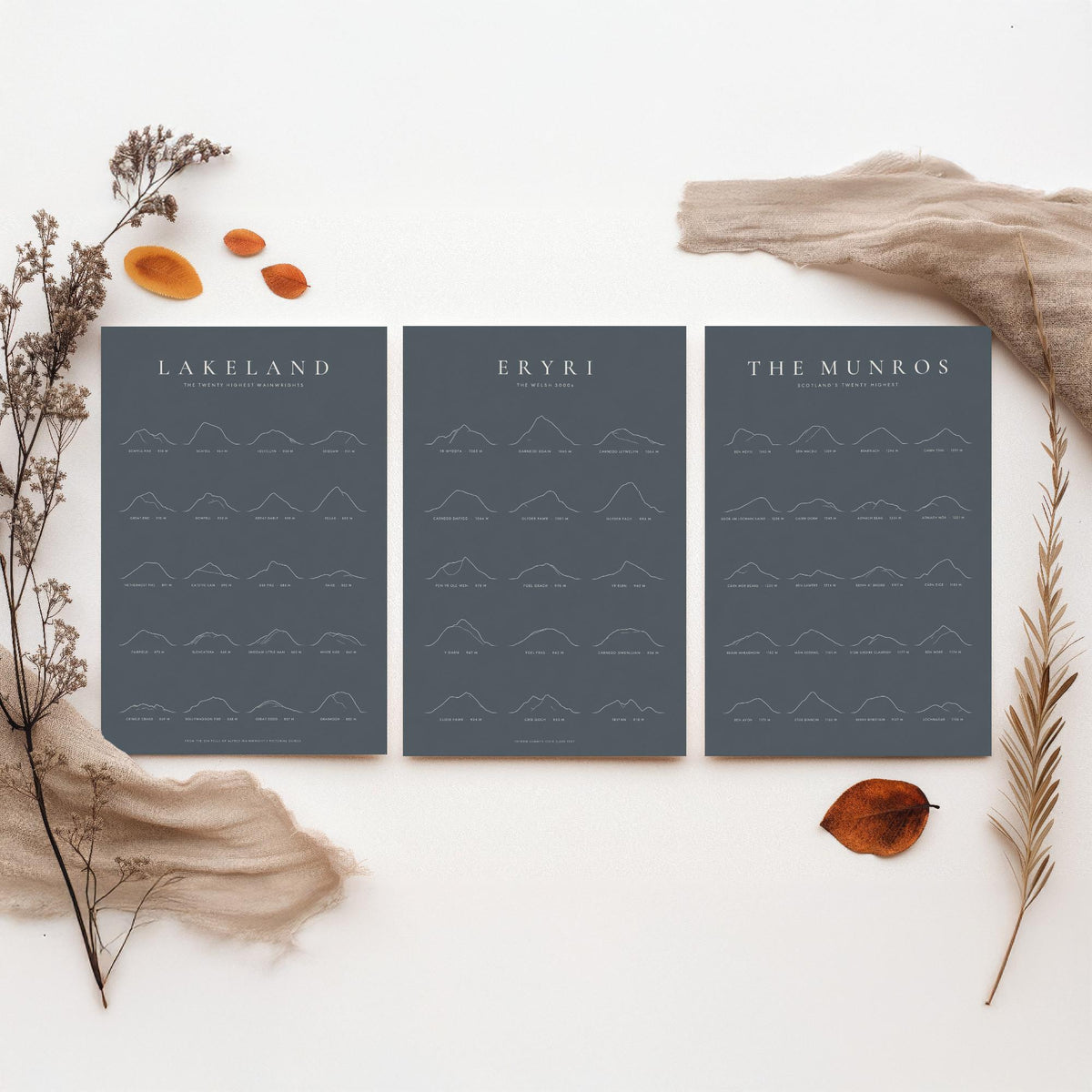 Highest Peaks of Lakeland, Eryri and The Munros Set of Three Art Prints - Ridgemark Classic Slate Mountain Poster - Line Illustration