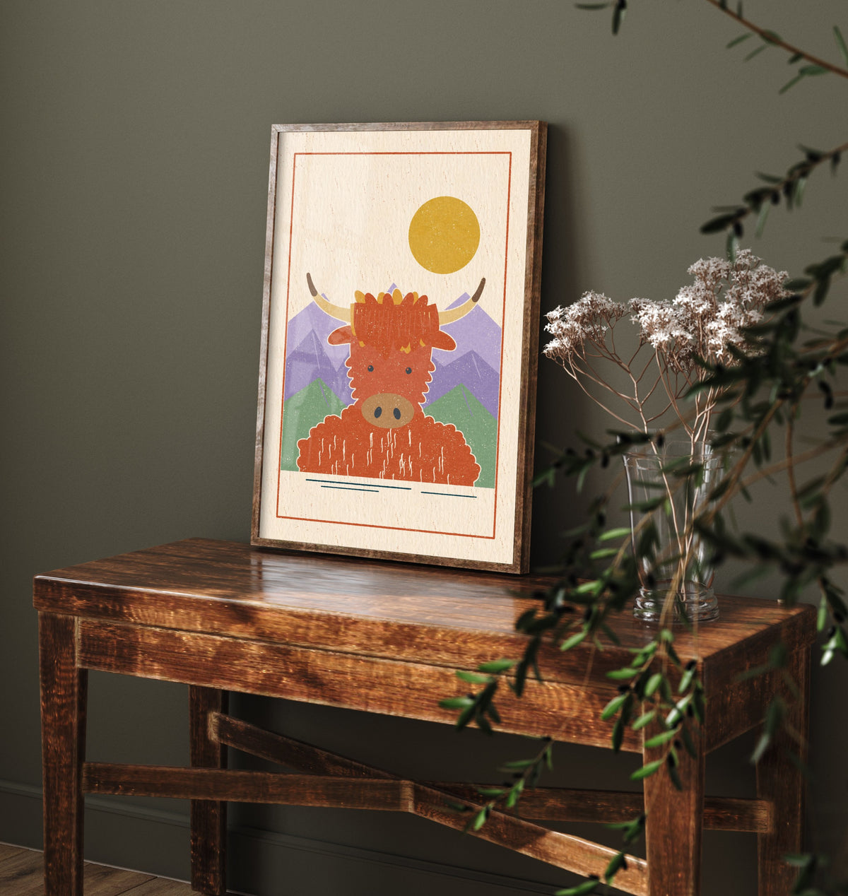 Highland Cow Art Print - Scottish Hairy Coo Poster - Lilac Mountain Linocut Style Illustration V1 1/3