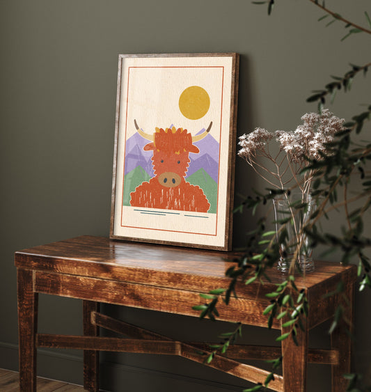 Highland Cow Art Print - Scottish Hairy Coo Poster - Lilac Mountain Linocut Style Illustration V1 1/3