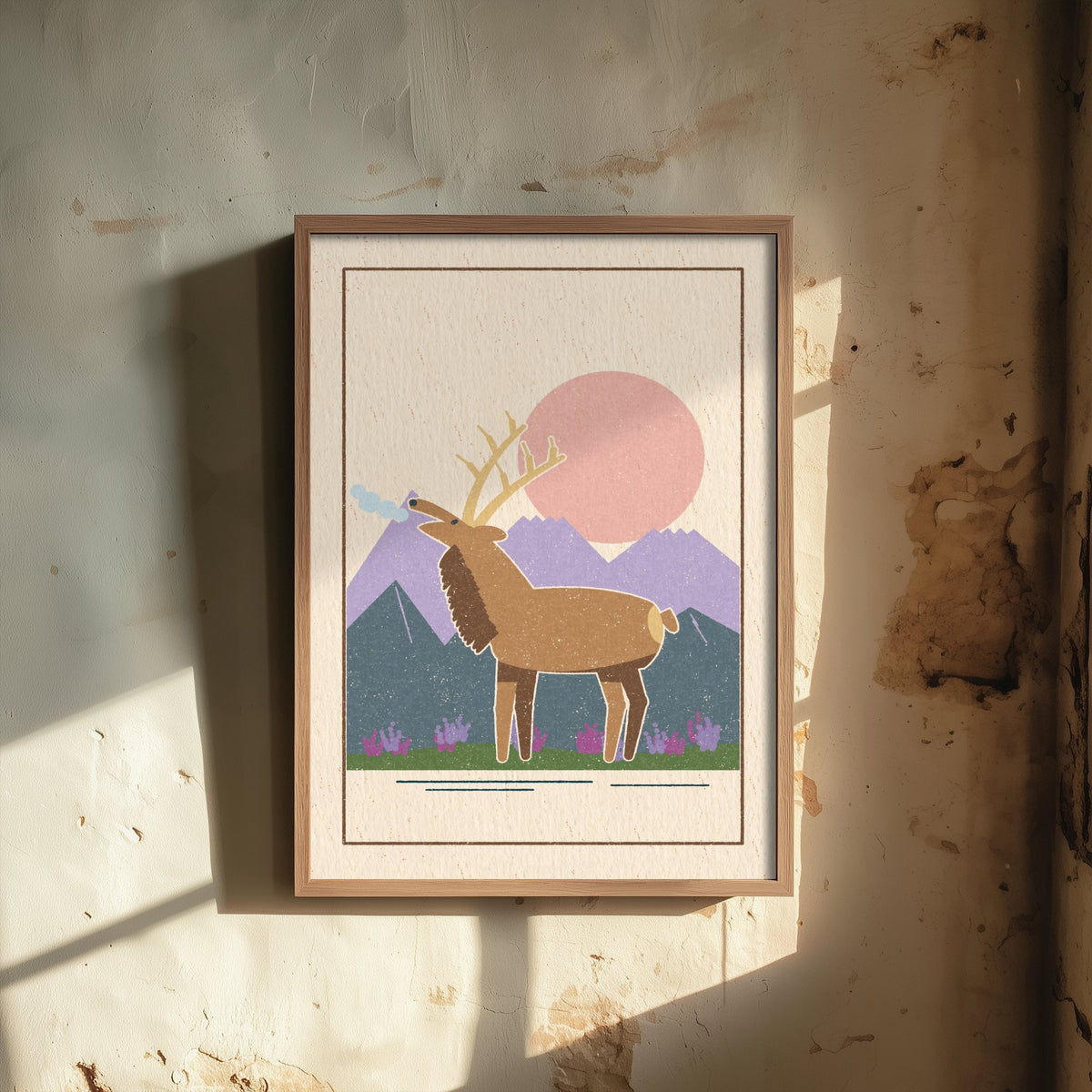 Red Deer Stag Art Print - Roaring Stag Highlands Poster - Pink Sun Retro Woodcut V1 2/3