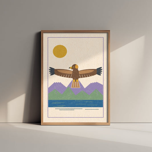 Golden Eagle Art Print - Scottish Bird of Prey Poster - Loch and Mountain Linocut Style Illustration V1 3/3