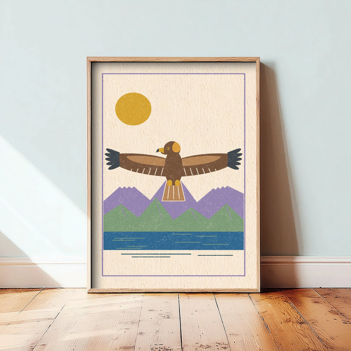 Golden Eagle Art Print - Scottish Bird of Prey Poster - Loch and Mountain Linocut Style Illustration V1 3/3