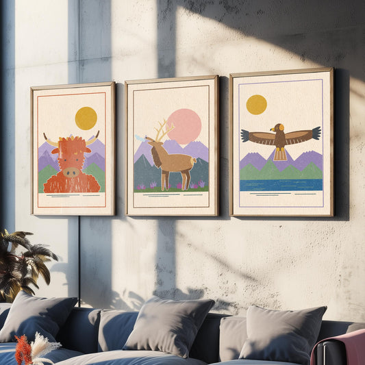 Scottish Highland Animal Set of Three Art Prints - Highland Cow, Stag, Golden Eagle - Linocut Style Poster Illustration V1