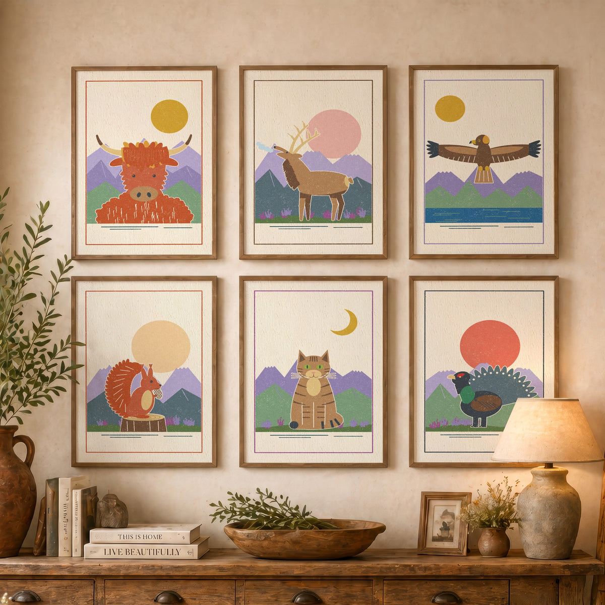 Set of Six Scottish Highland Animal Art Prints - 6 Linocut Style Posters - Highland Cow, Stag, Golden Eagle, Red Squirrel Illustration
