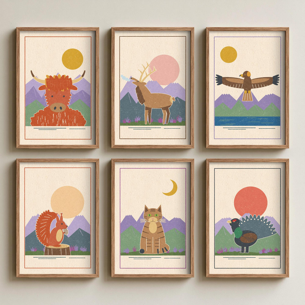 Set of Six Scottish Highland Animal Art Prints - 6 Linocut Style Posters - Highland Cow, Stag, Golden Eagle, Red Squirrel Illustration