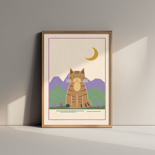 Scottish Wildcat Art Print - Tabby Highland Tiger Poster - Crescent Moon Linocut Style Illustration V2 2/3