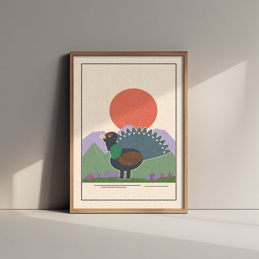 Capercaillie Art Print - Scottish Grouse Pine Forest Poster - Red Sun Retro Woodcut V2 3/3
