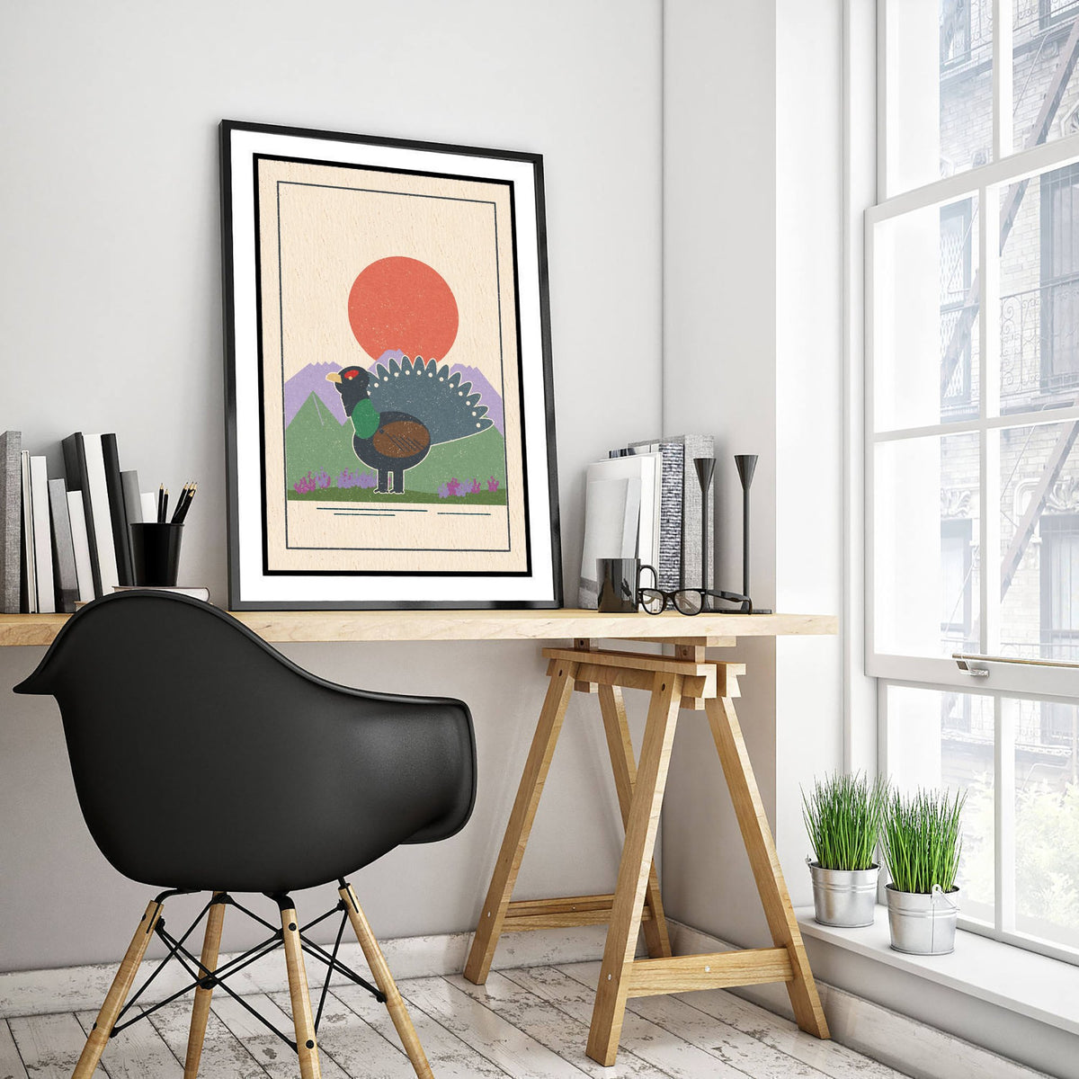 Capercaillie Art Print - Scottish Grouse Pine Forest Poster - Red Sun Retro Woodcut V2 3/3