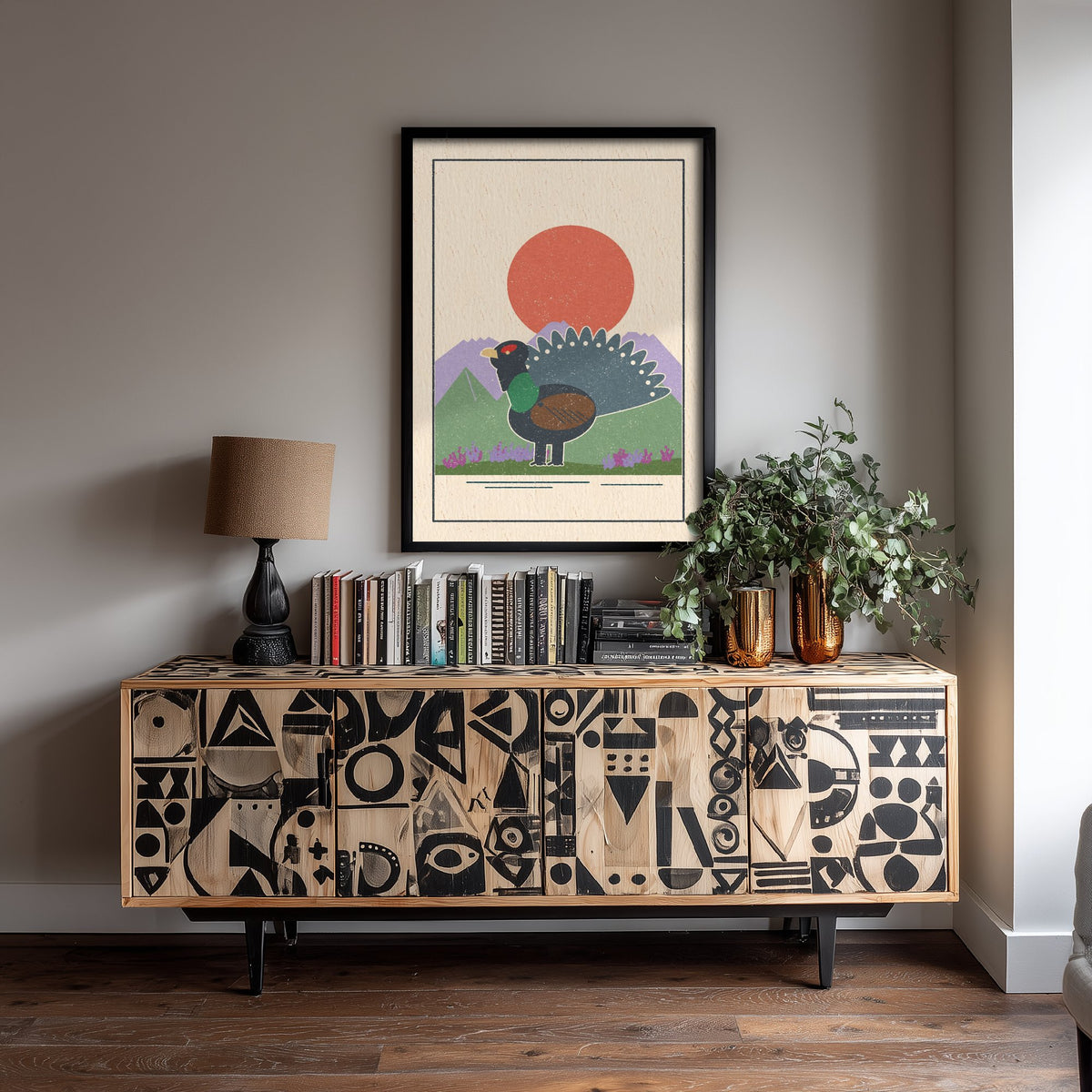 Capercaillie Art Print - Scottish Grouse Pine Forest Poster - Red Sun Retro Woodcut V2 3/3