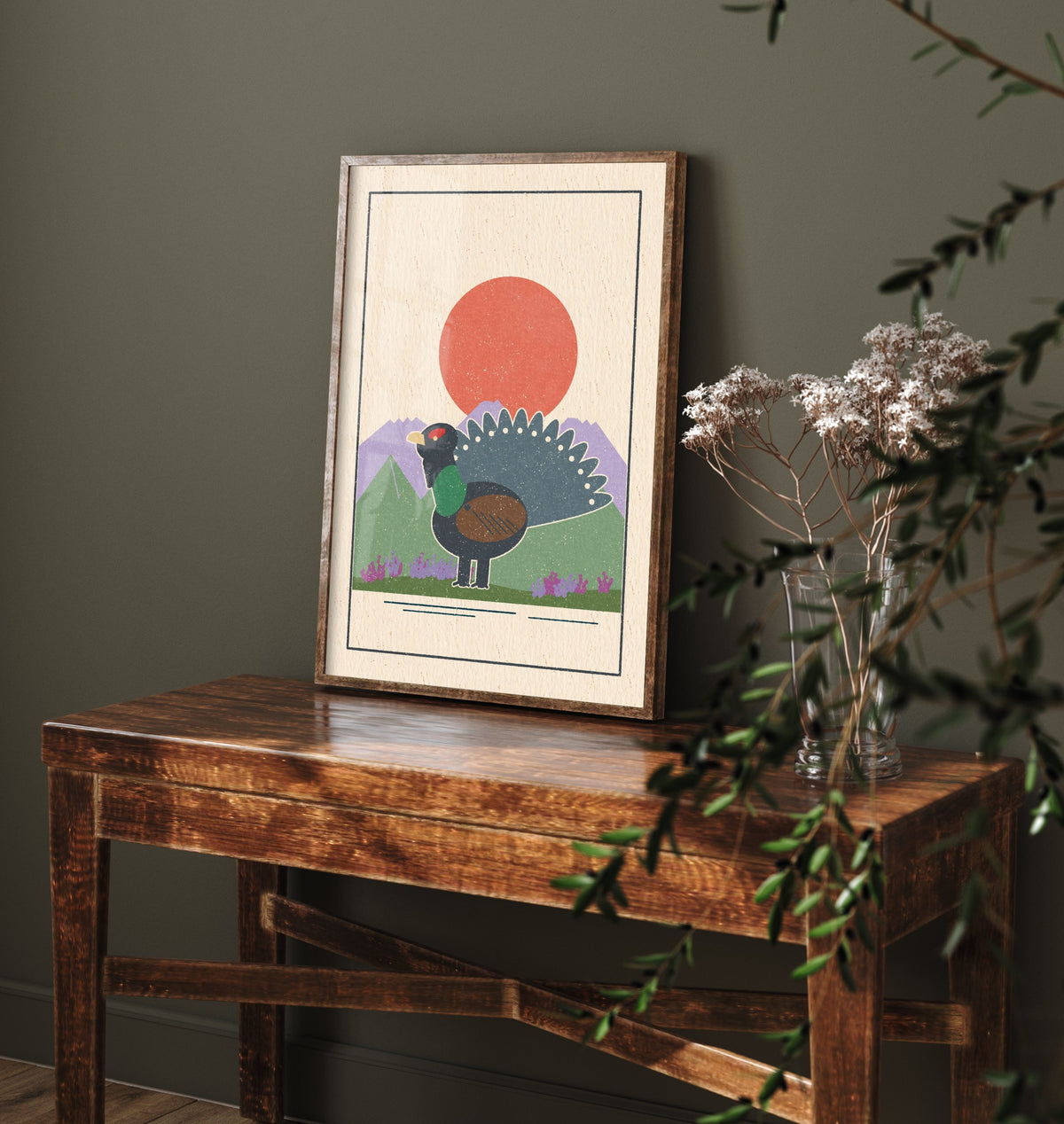 Capercaillie Art Print - Scottish Grouse Pine Forest Poster - Red Sun Retro Woodcut V2 3/3
