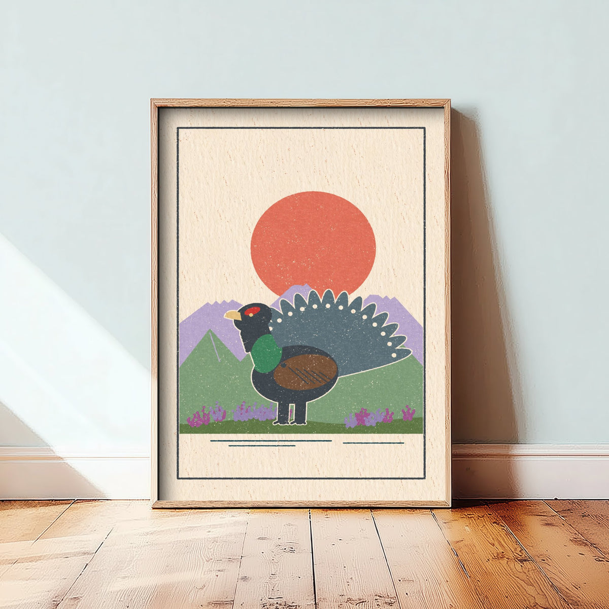 Capercaillie Art Print - Scottish Grouse Pine Forest Poster - Red Sun Retro Woodcut V2 3/3