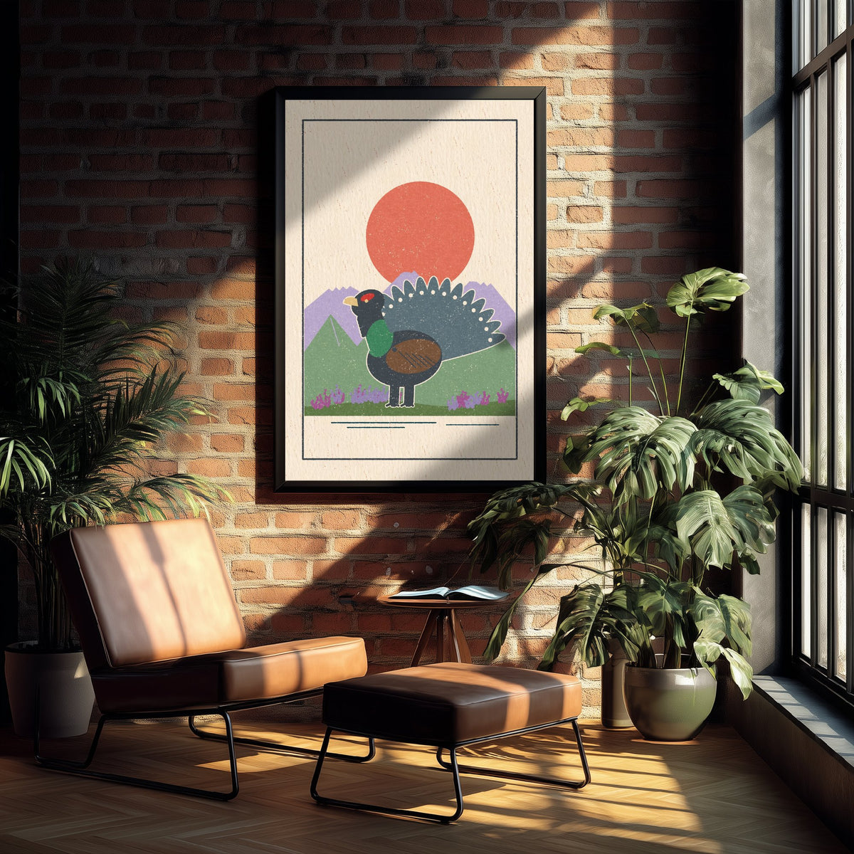 Capercaillie Art Print - Scottish Grouse Pine Forest Poster - Red Sun Retro Woodcut V2 3/3