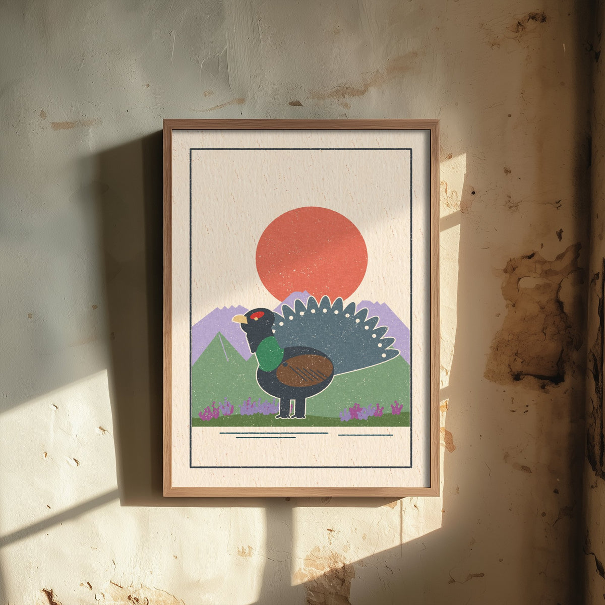 Capercaillie Art Print - Scottish Grouse Pine Forest Poster - Red Sun Retro Woodcut V2 3/3