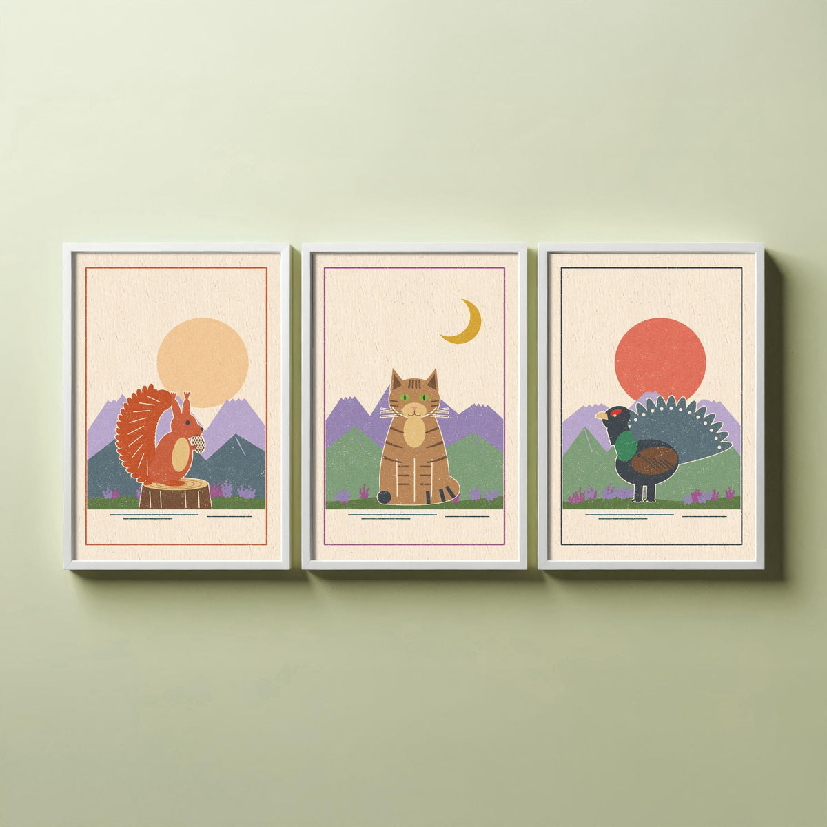 Scottish Highland Animal Set of Three Art Prints - Red Squirrel, Wildcat, Capercaillie - Linocut Style Poster Illustration V2