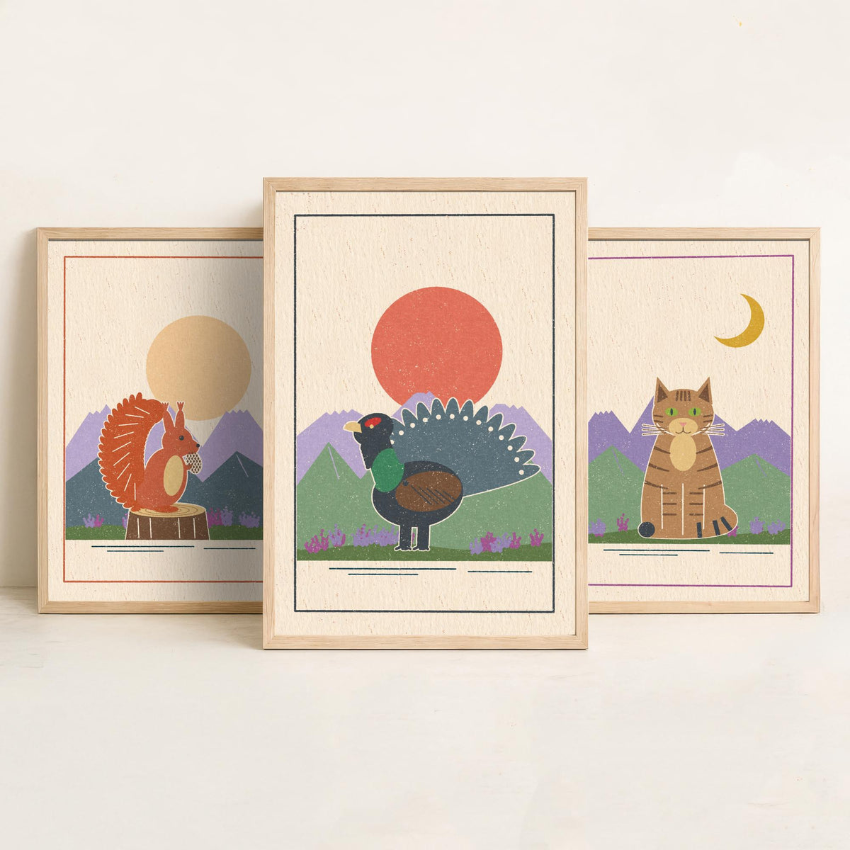 Scottish Highland Animal Set of Three Art Prints - Red Squirrel, Wildcat, Capercaillie - Linocut Style Poster Illustration V2