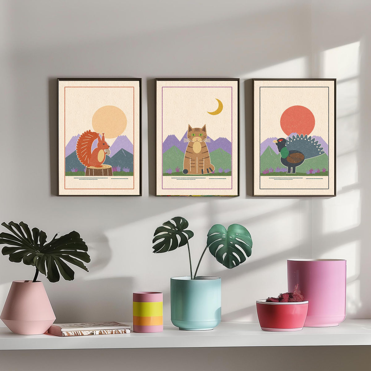 Scottish Highland Animal Set of Three Art Prints - Red Squirrel, Wildcat, Capercaillie - Linocut Style Poster Illustration V2