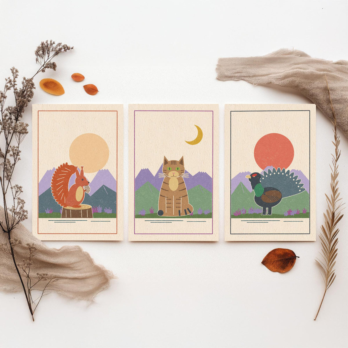 Scottish Highland Animal Set of Three Art Prints - Red Squirrel, Wildcat, Capercaillie - Linocut Style Poster Illustration V2
