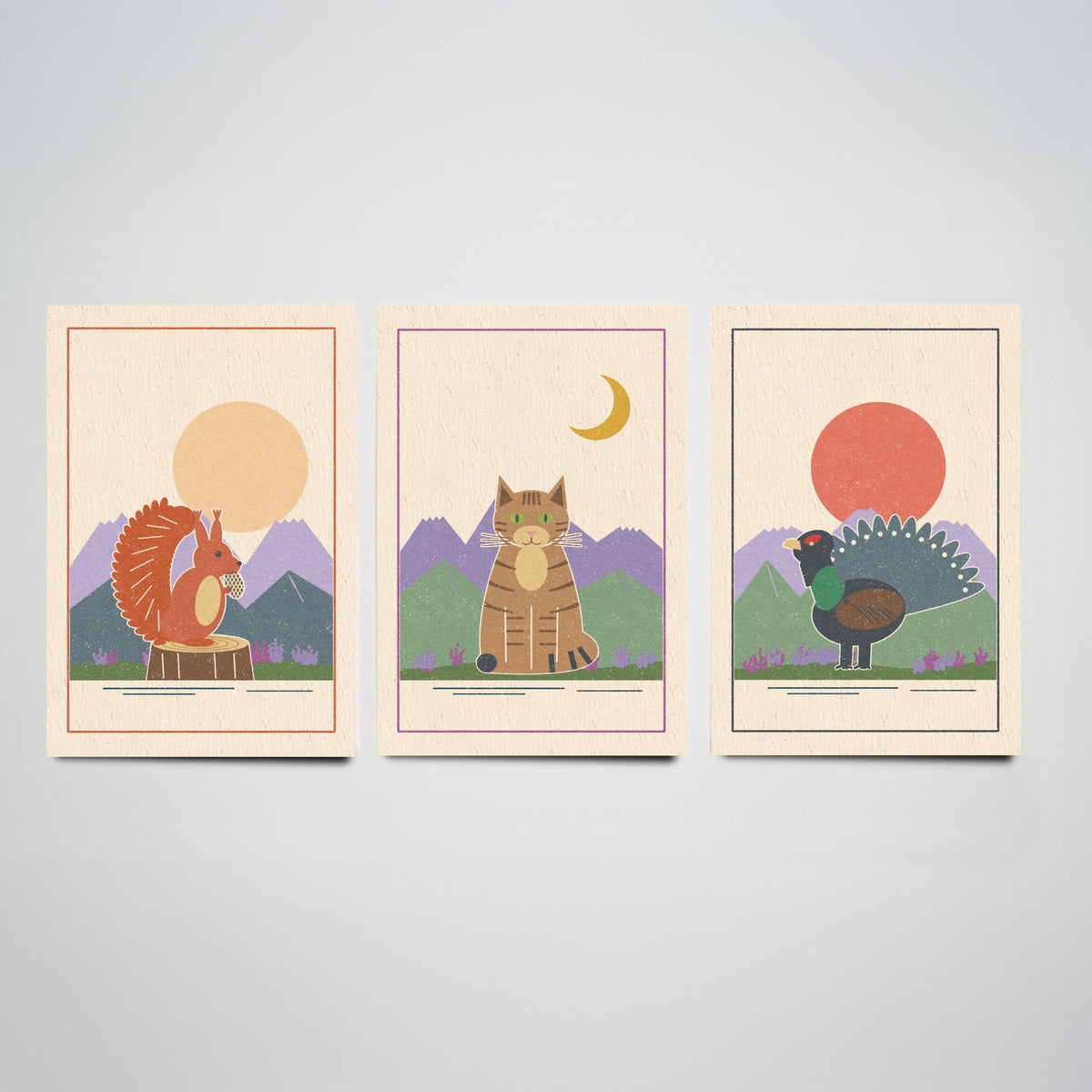 Scottish Highland Animal Set of Three Art Prints - Red Squirrel, Wildcat, Capercaillie - Linocut Style Poster Illustration V2