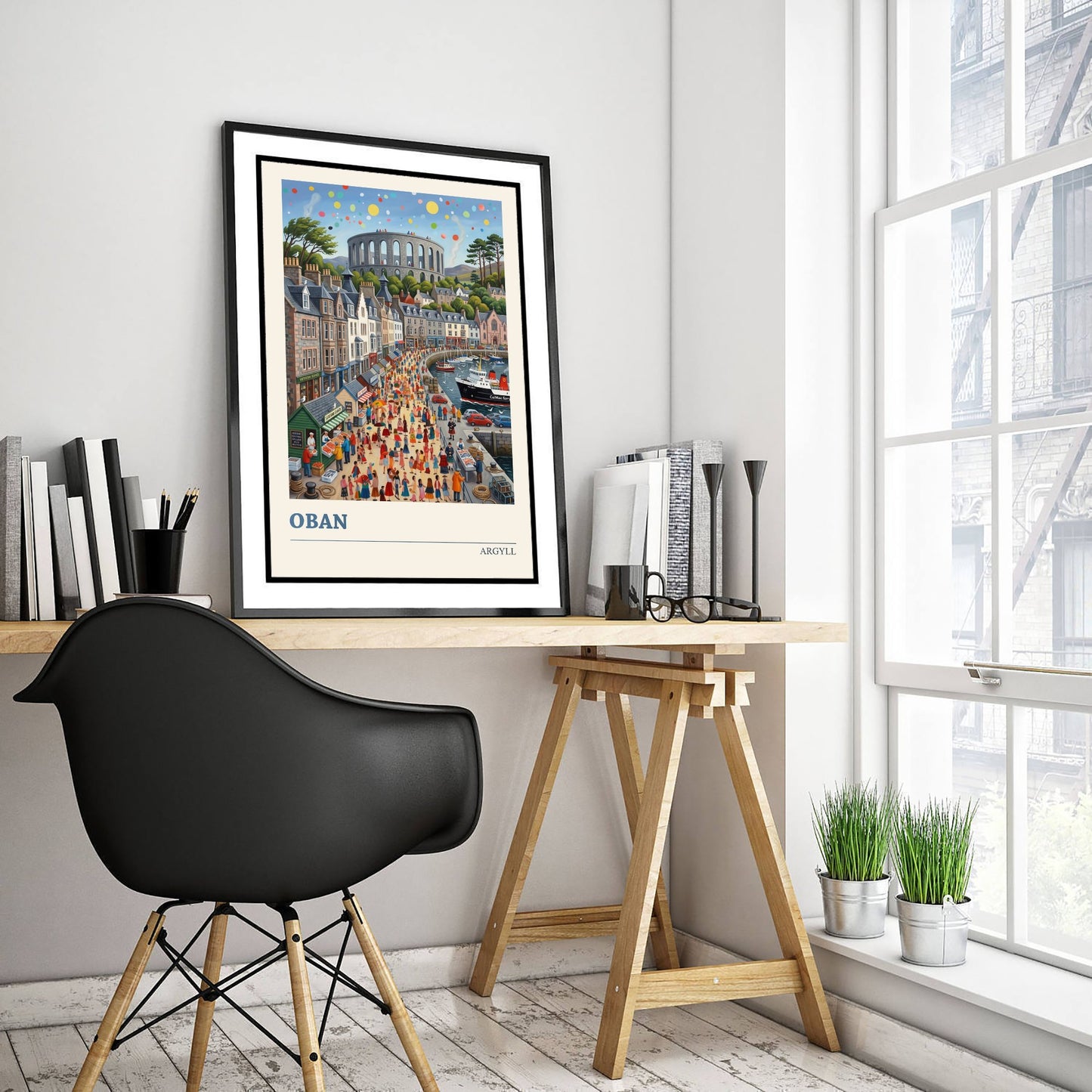 Oban Argyll Art Print - Scottish Harbour Folk Art Illustration - McCaig's Tower and Ferry - Highlands Travel Poster 1/3