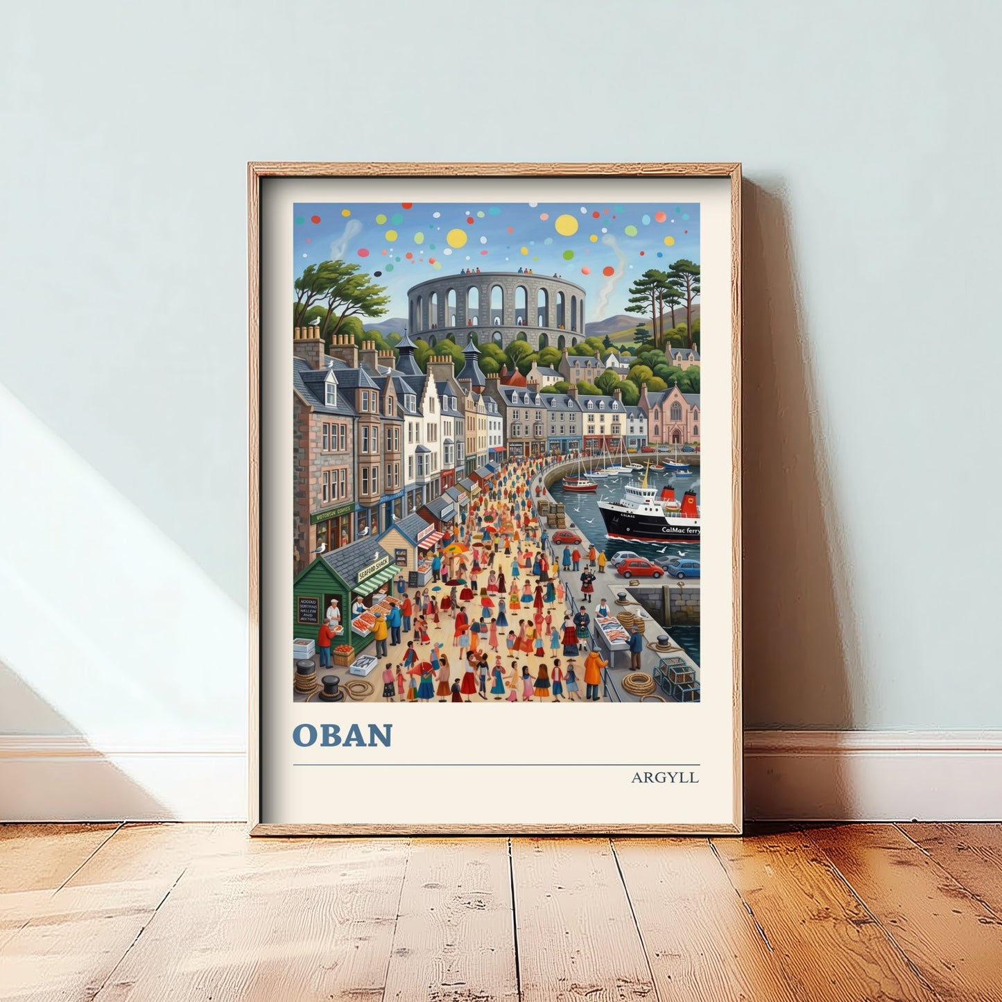 Oban Argyll Art Print - Scottish Harbour Folk Art Illustration - McCaig's Tower and Ferry - Highlands Travel Poster 1/3