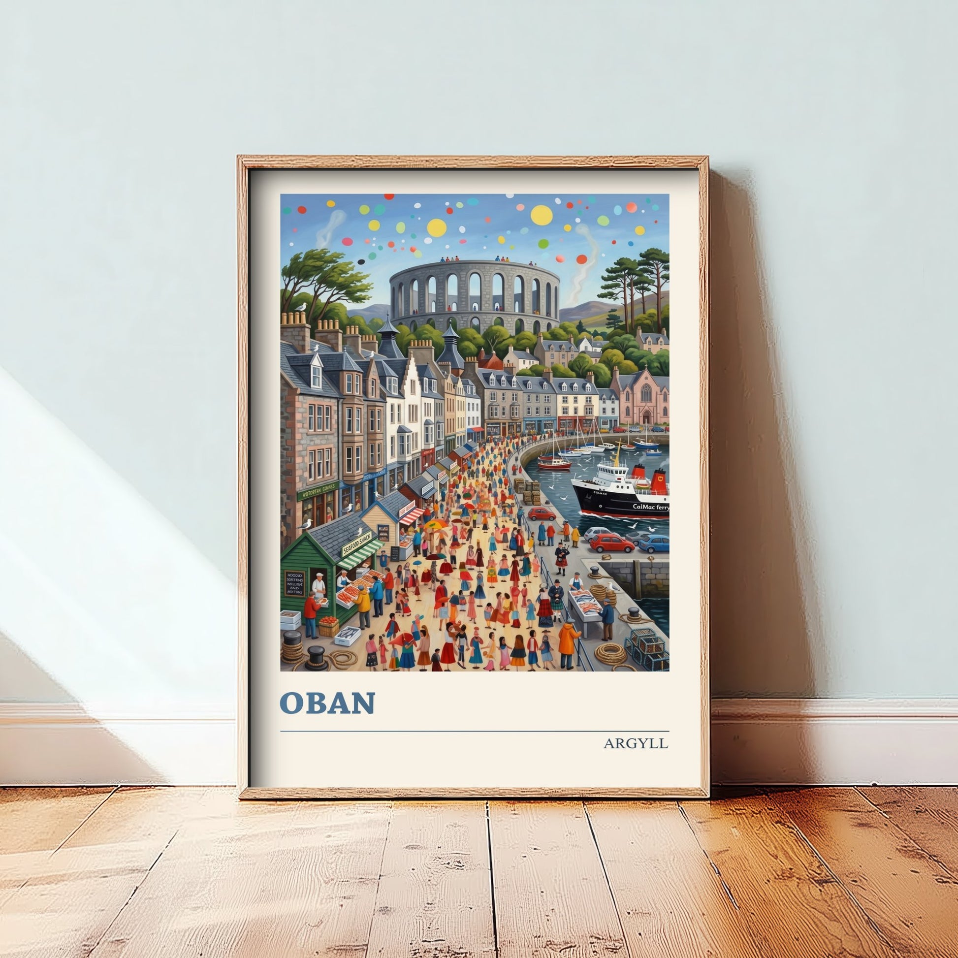 Oban Argyll Art Print - Scottish Harbour Folk Art Illustration - McCaig's Tower and Ferry - Highlands Travel Poster 1/3
