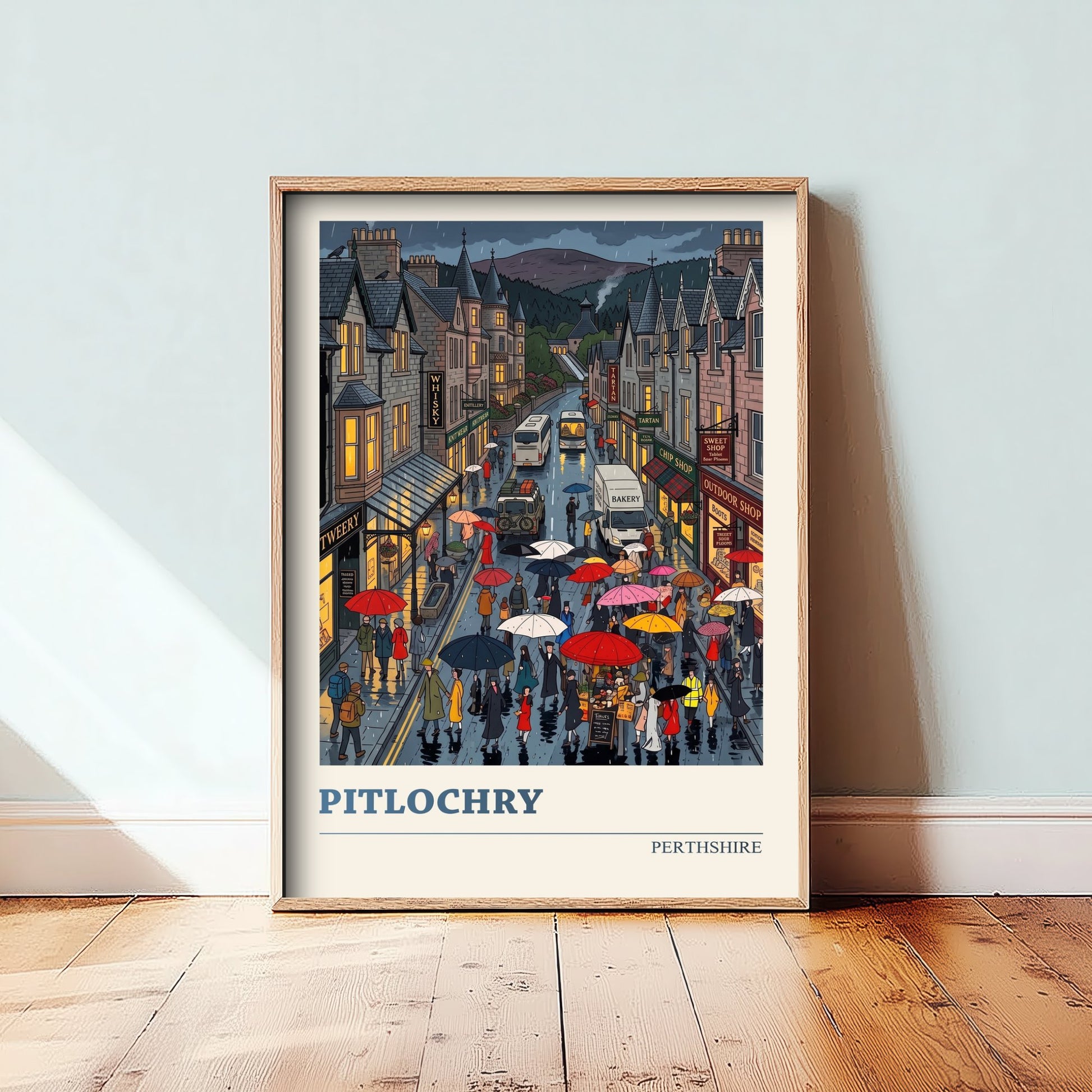 Pitlochry Perthshire Art Print - Rainy High Street Folk Art Illustration - Highland Town Scotland Travel Poster 2/3