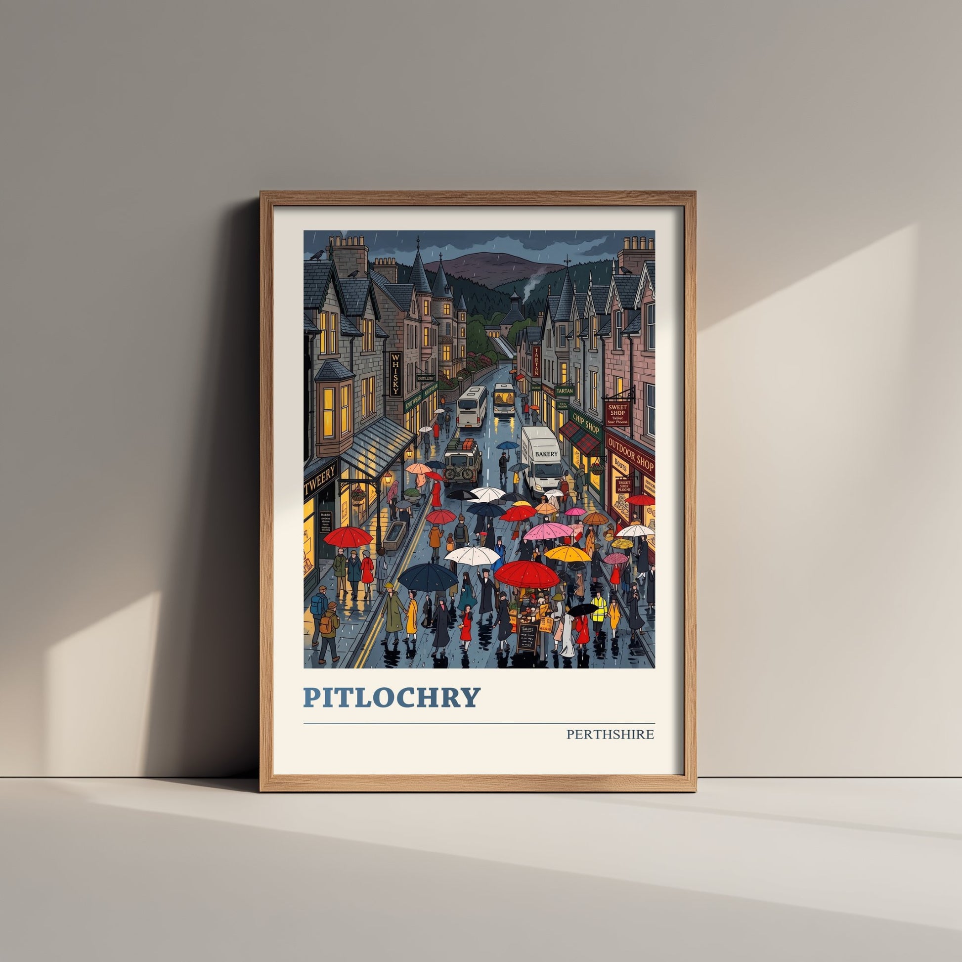Pitlochry Perthshire Art Print - Rainy High Street Folk Art Illustration - Highland Town Scotland Travel Poster 2/3