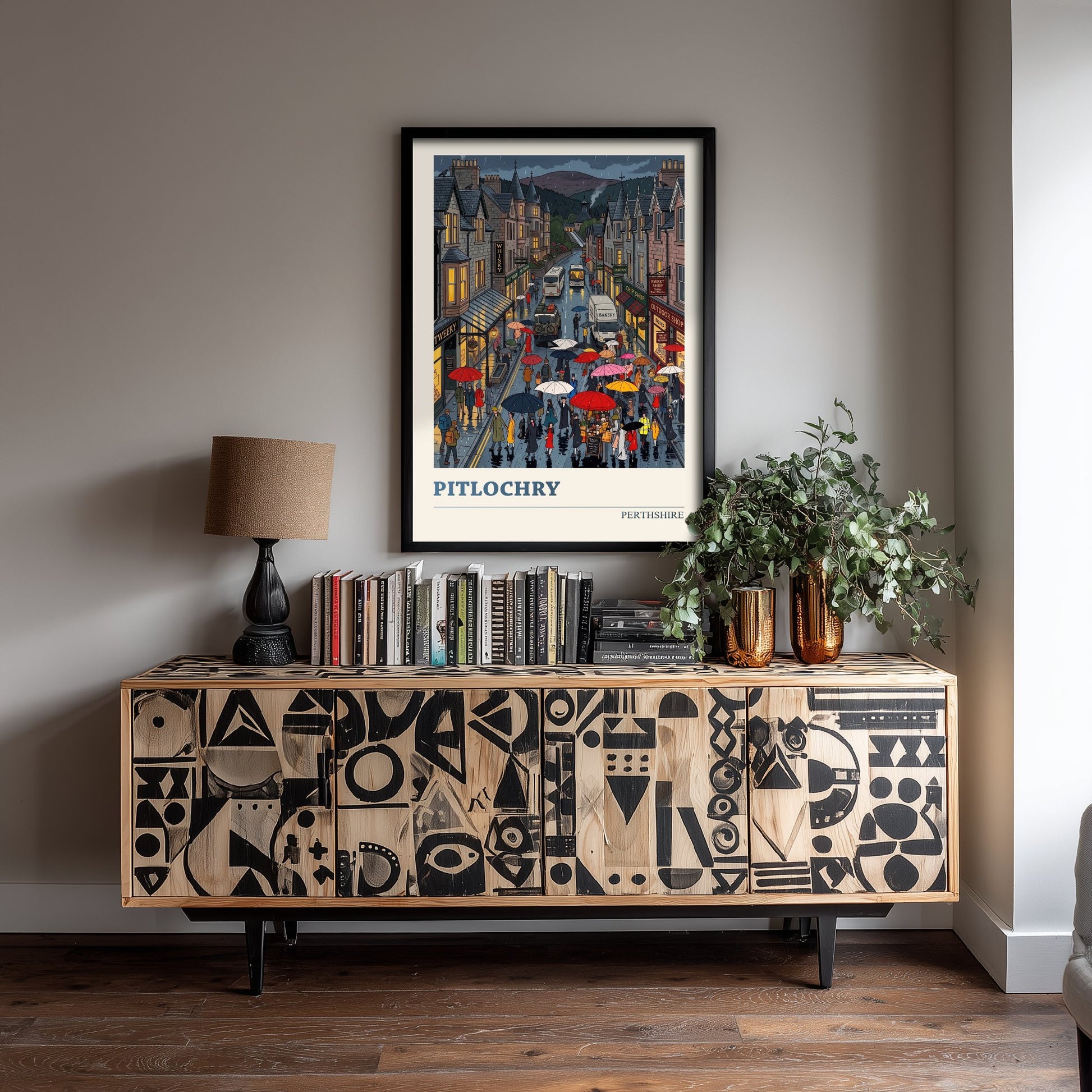 Pitlochry Perthshire Art Print - Rainy High Street Folk Art Illustration - Highland Town Scotland Travel Poster 2/3