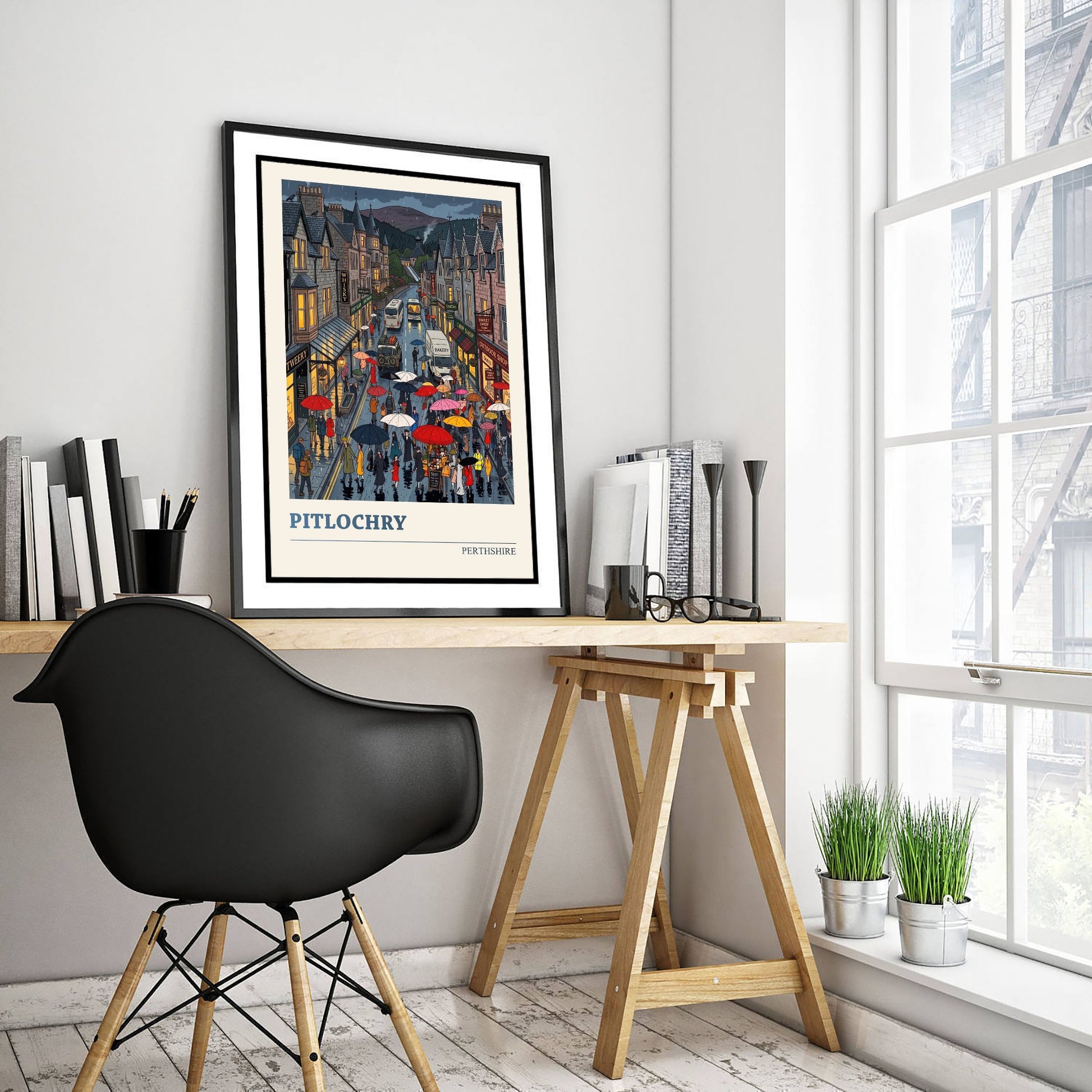 Pitlochry Perthshire Art Print - Rainy High Street Folk Art Illustration - Highland Town Scotland Travel Poster 2/3