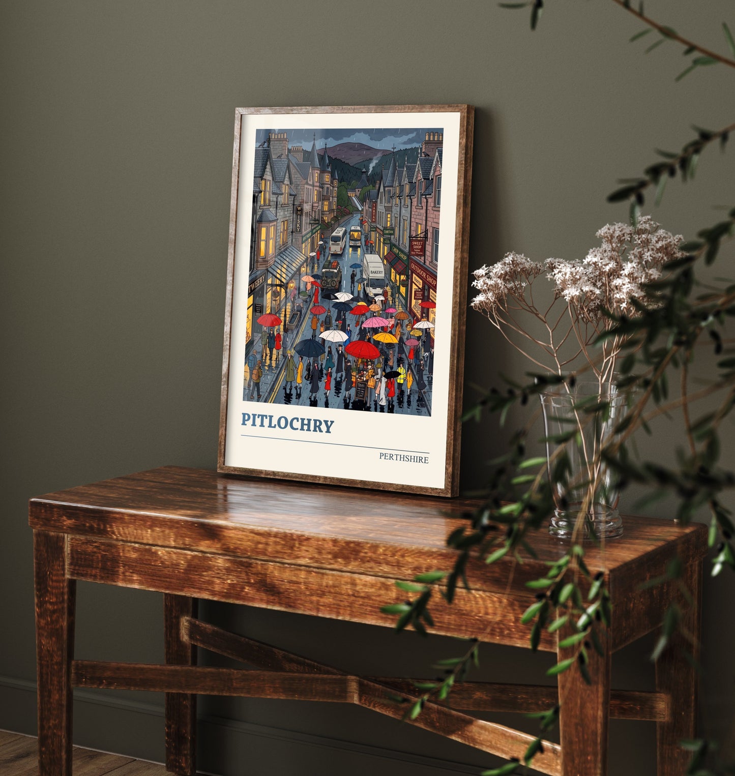 Pitlochry Perthshire Art Print - Rainy High Street Folk Art Illustration - Highland Town Scotland Travel Poster 2/3