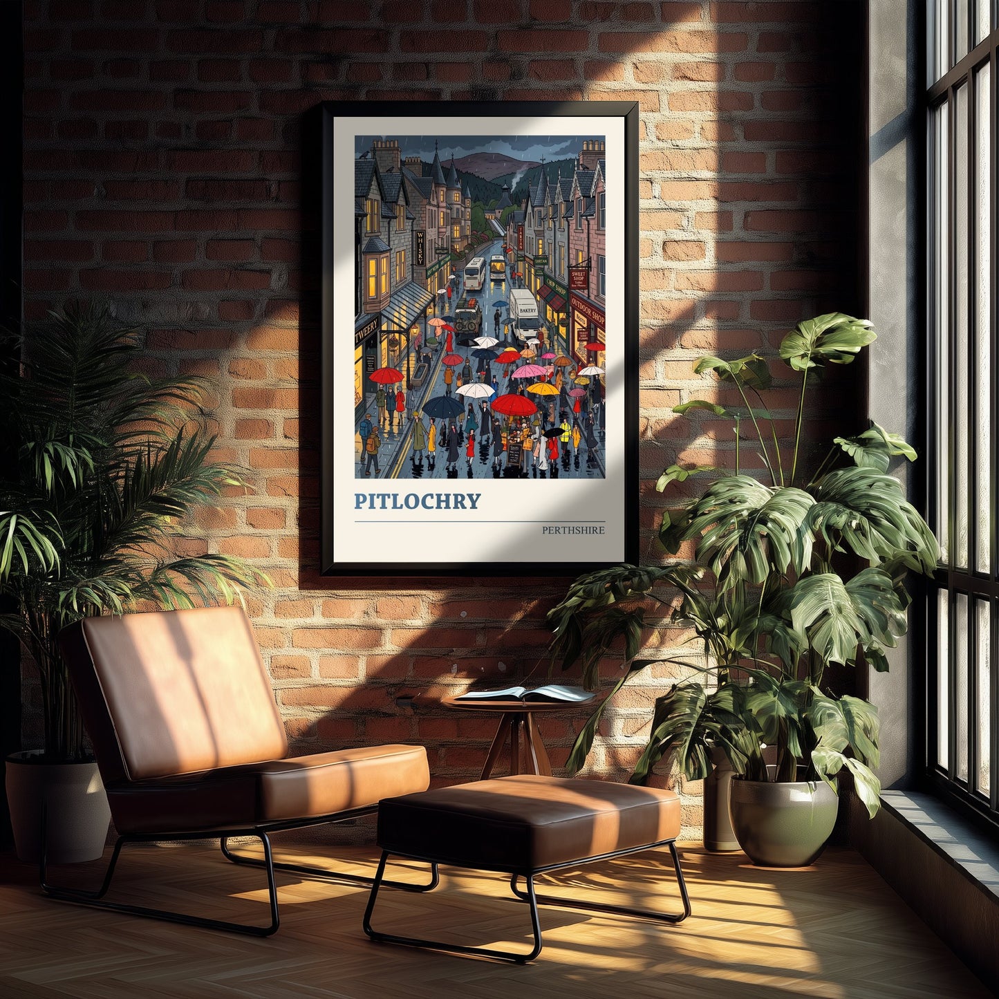 Pitlochry Perthshire Art Print - Rainy High Street Folk Art Illustration - Highland Town Scotland Travel Poster 2/3