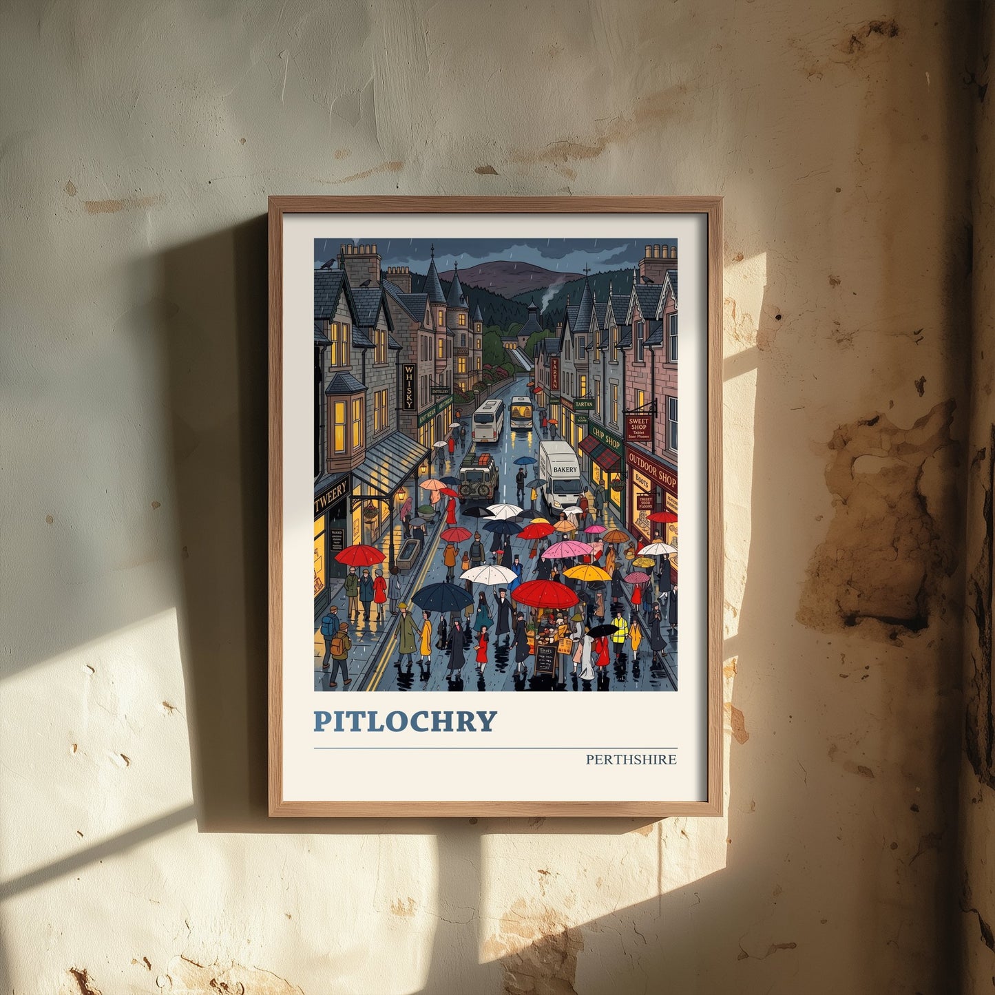 Pitlochry Perthshire Art Print - Rainy High Street Folk Art Illustration - Highland Town Scotland Travel Poster 2/3