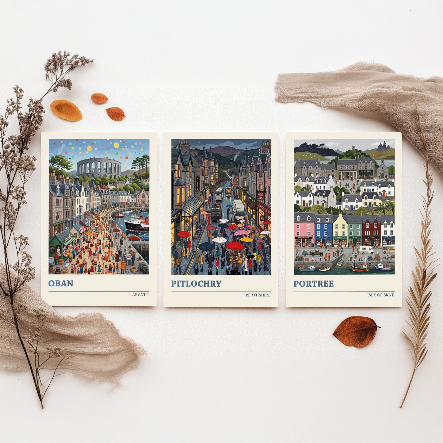 Scottish Highlands Set of Three Art Prints - Oban, Pitlochry, Portree - 3 Colourful Folk Illustration Travel Posters - Scotland Painting