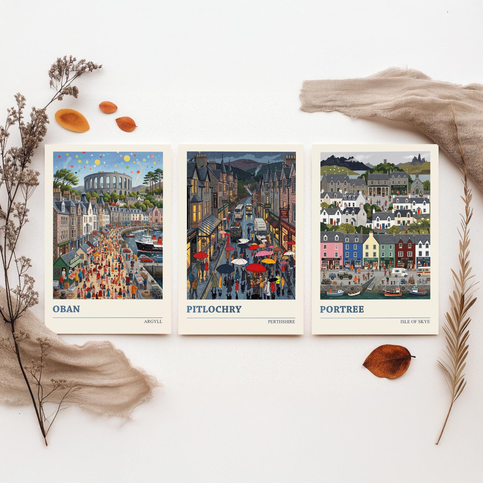Scottish Highlands Set of Three Art Prints - Oban, Pitlochry, Portree - 3 Colourful Folk Illustration Travel Posters - Scotland Painting