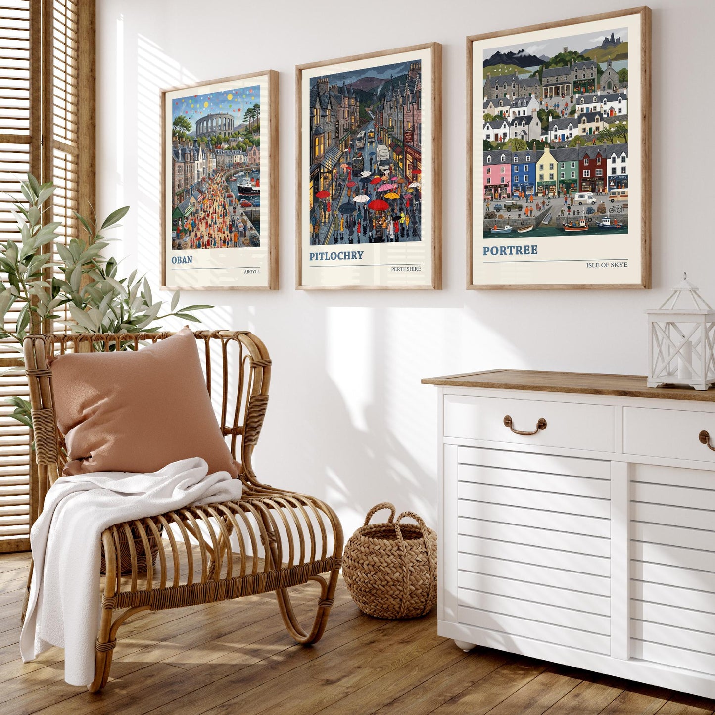 Scottish Highlands Set of Three Art Prints - Oban, Pitlochry, Portree - 3 Colourful Folk Illustration Travel Posters - Scotland Painting