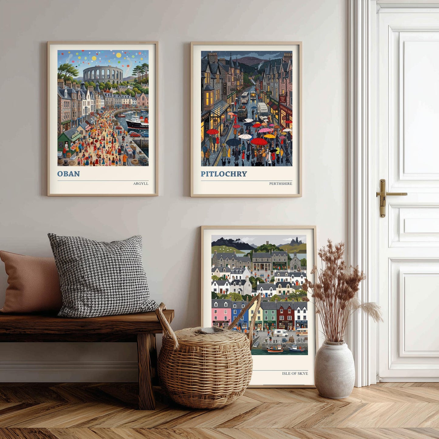 Scottish Highlands Set of Three Art Prints - Oban, Pitlochry, Portree - 3 Colourful Folk Illustration Travel Posters - Scotland Painting