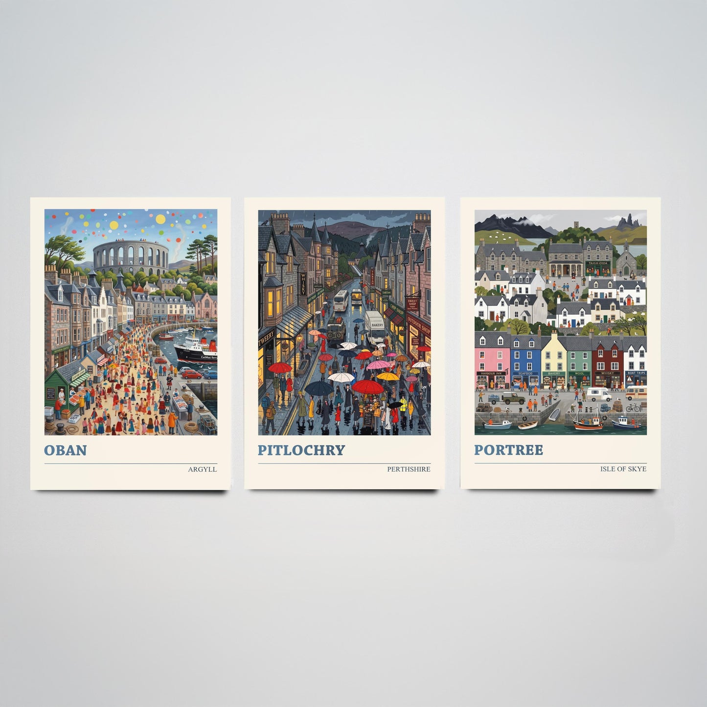 Scottish Highlands Set of Three Art Prints - Oban, Pitlochry, Portree - 3 Colourful Folk Illustration Travel Posters - Scotland Painting
