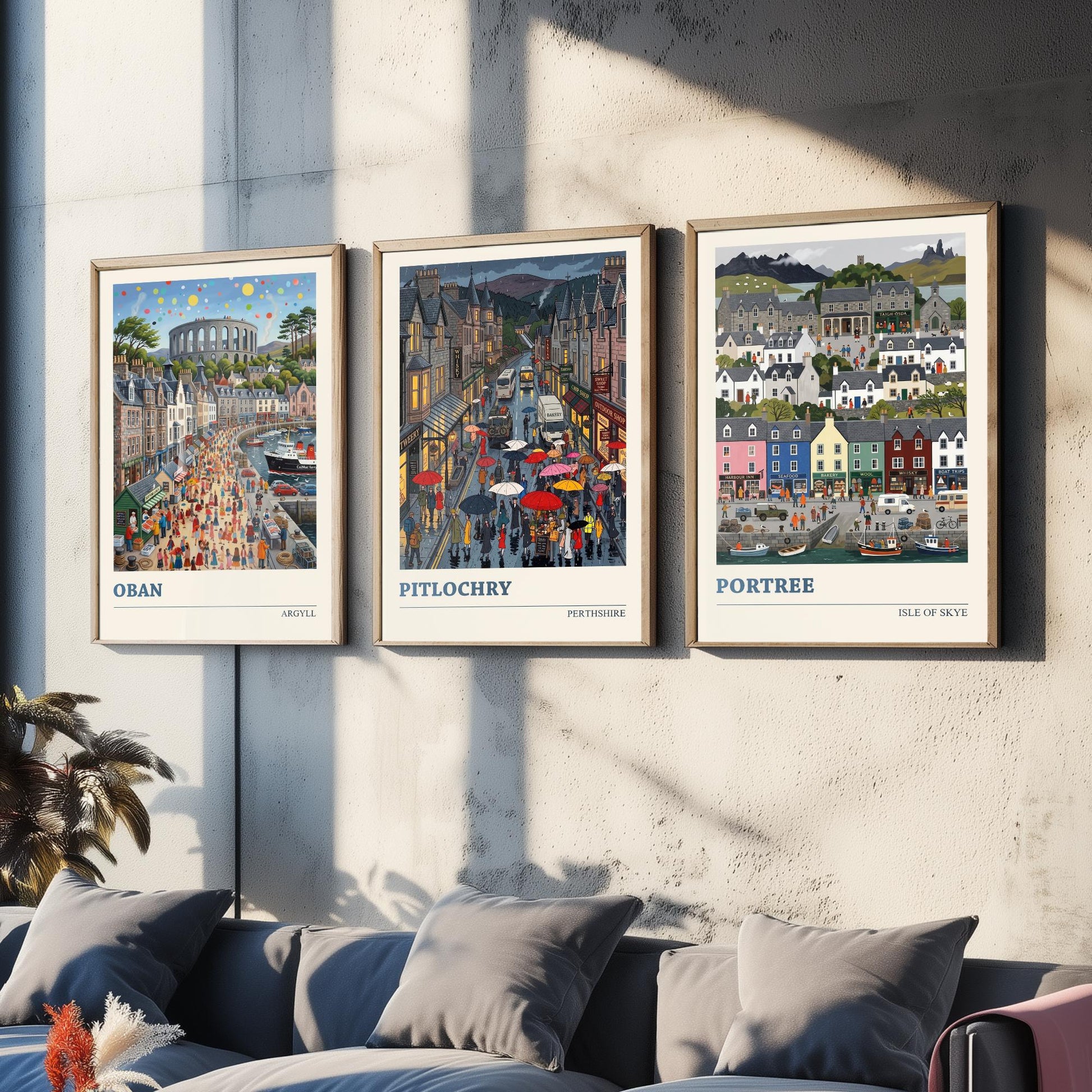 Scottish Highlands Set of Three Art Prints - Oban, Pitlochry, Portree - 3 Colourful Folk Illustration Travel Posters - Scotland Painting