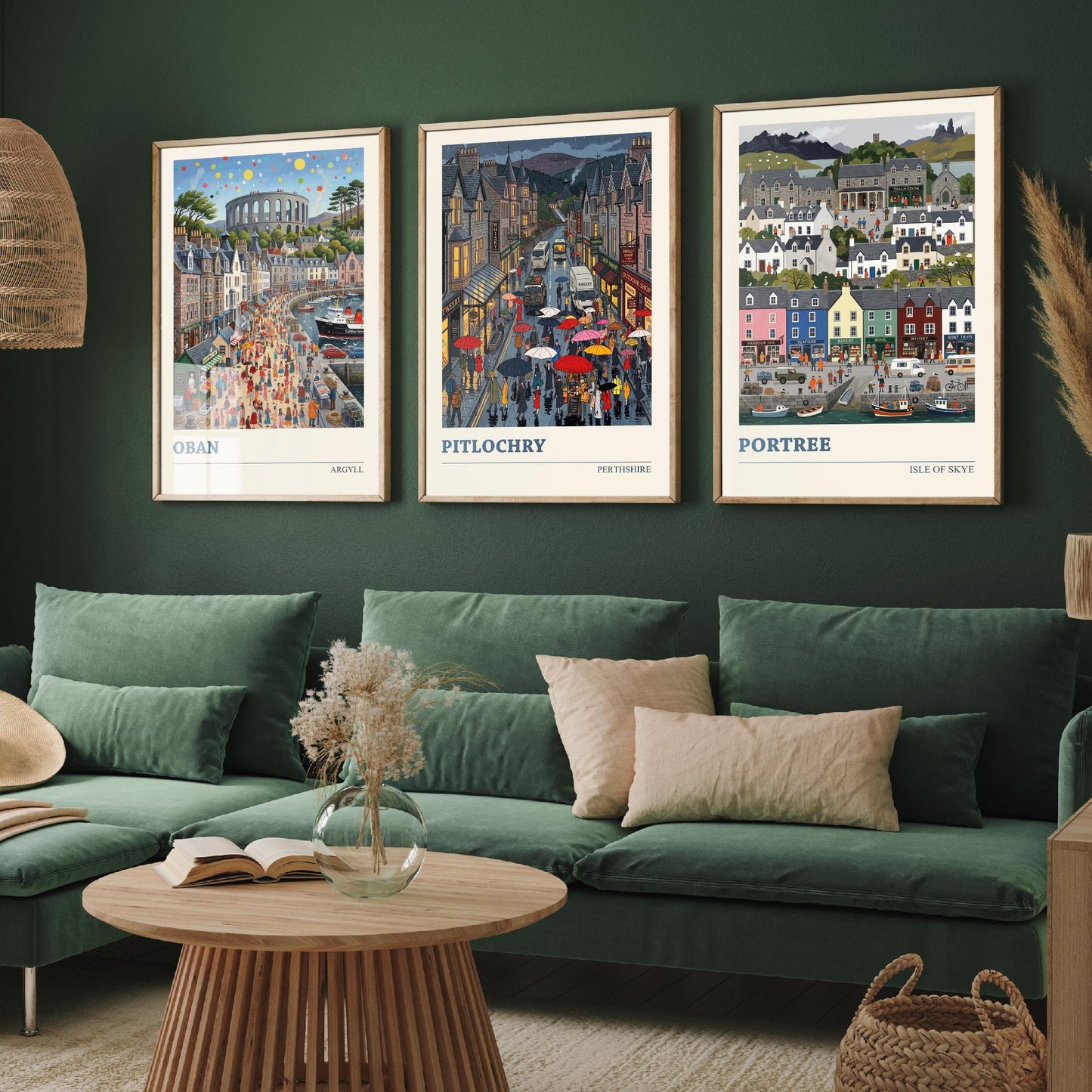 Scottish Highlands Set of Three Art Prints - Oban, Pitlochry, Portree - 3 Colourful Folk Illustration Travel Posters - Scotland Painting