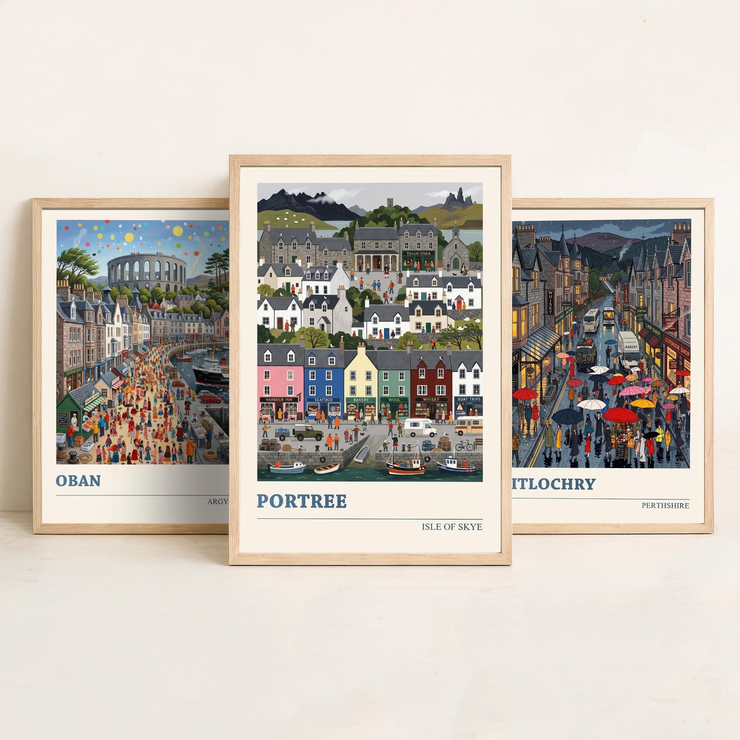 Scottish Highlands Set of Three Art Prints - Oban, Pitlochry, Portree - 3 Colourful Folk Illustration Travel Posters - Scotland Painting