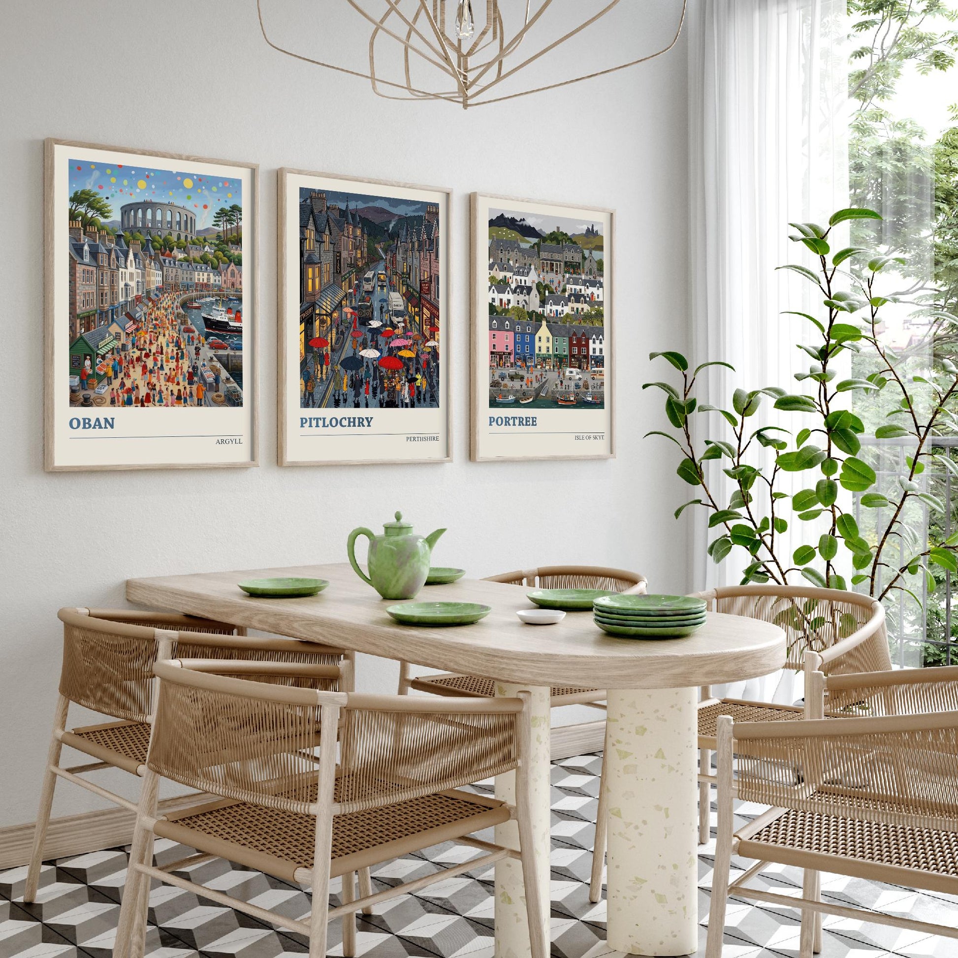 Scottish Highlands Set of Three Art Prints - Oban, Pitlochry, Portree - 3 Colourful Folk Illustration Travel Posters - Scotland Painting