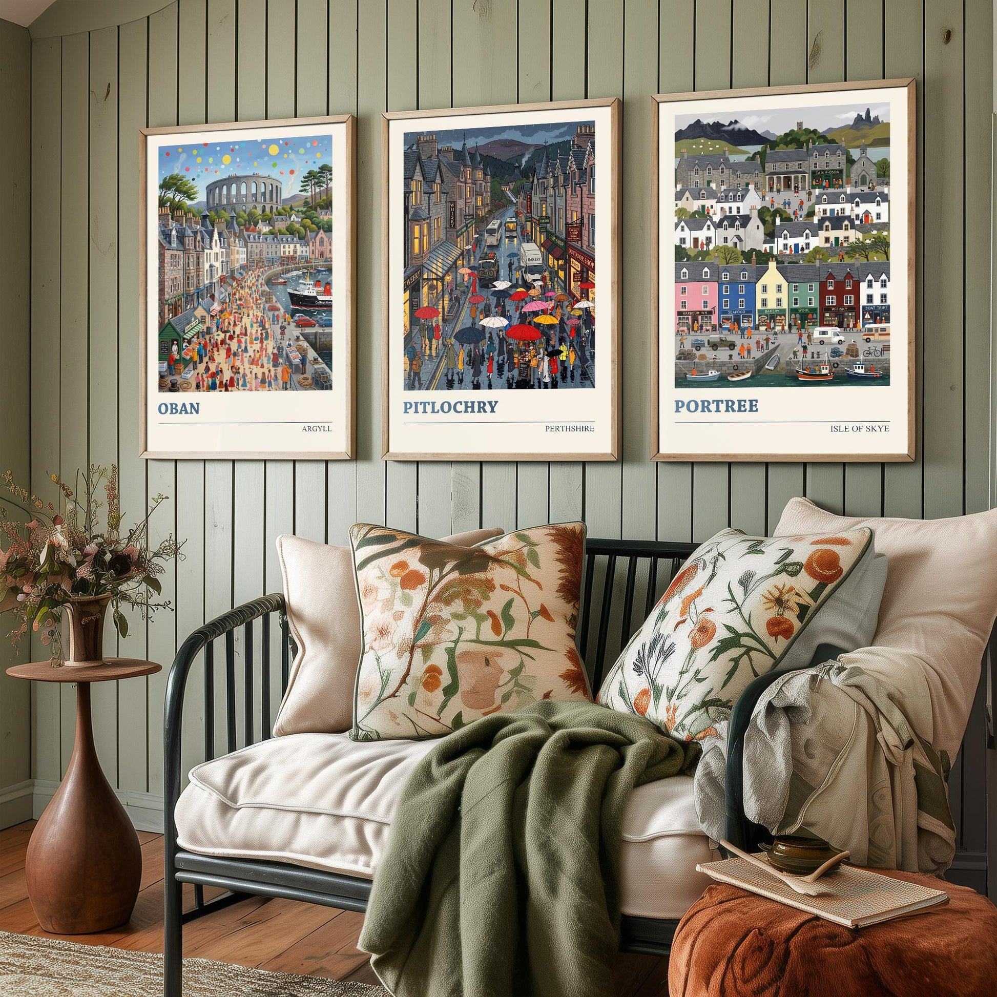 Scottish Highlands Set of Three Art Prints - Oban, Pitlochry, Portree - 3 Colourful Folk Illustration Travel Posters - Scotland Painting